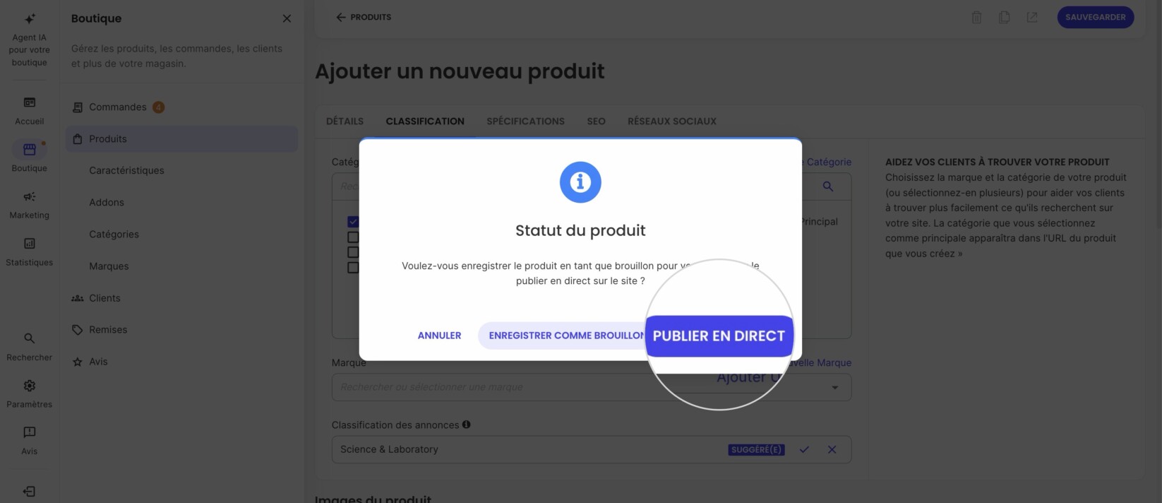 Fenêtre contextuelle pour sélectionner la publication d'un nouveau produit