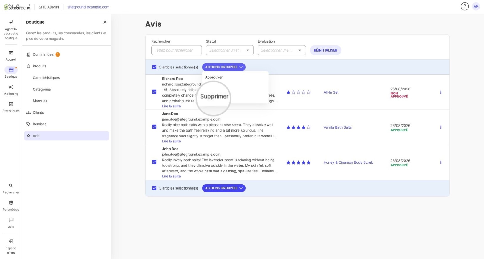 Menu déroulant des actions avec l'option 'Supprimer' sélectionnée