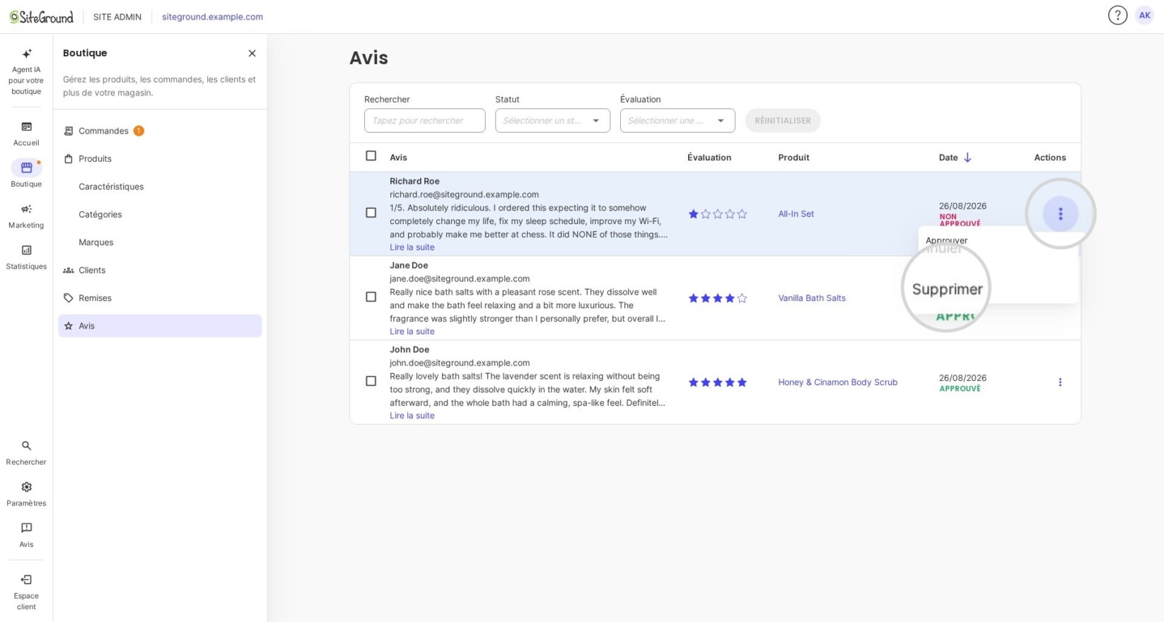Menu Actions avec l'option 'Supprimer' pour un avis produit