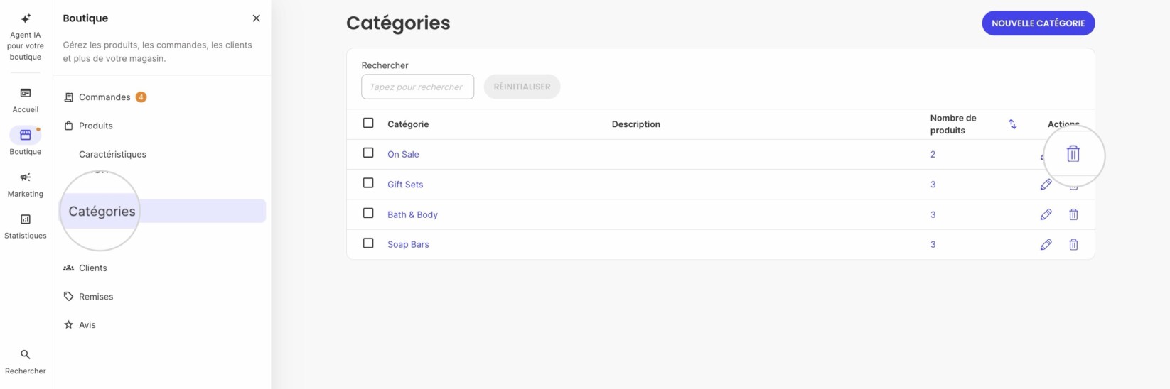 Bouton pour supprimer une catégorie dans SiteGround Ecommerce