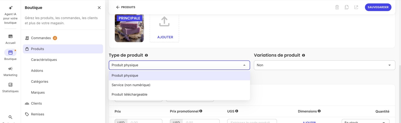 Menu pour sélectionner le type de produit