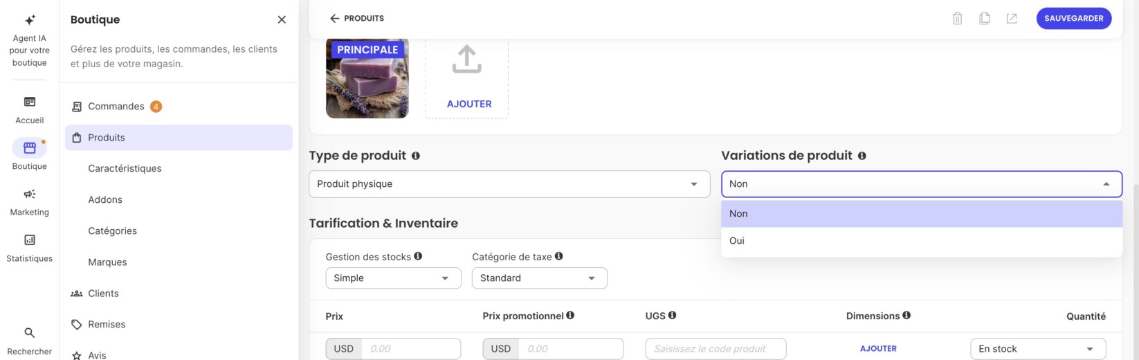 Menu pour sélectionner si un produit a des variations ou non