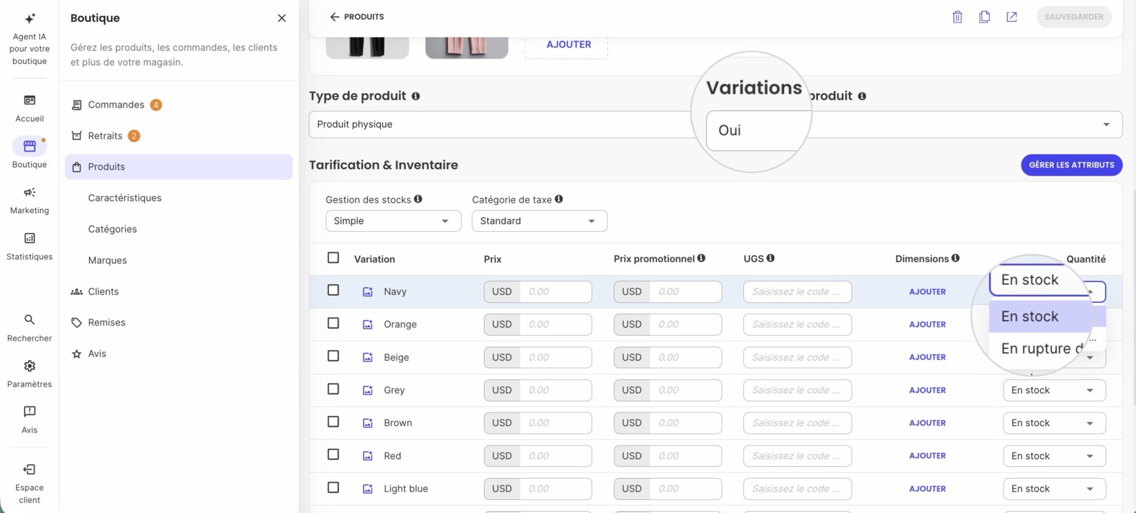 Gestion des stocks pour les variations de produits dans SiteGround Ecommerce