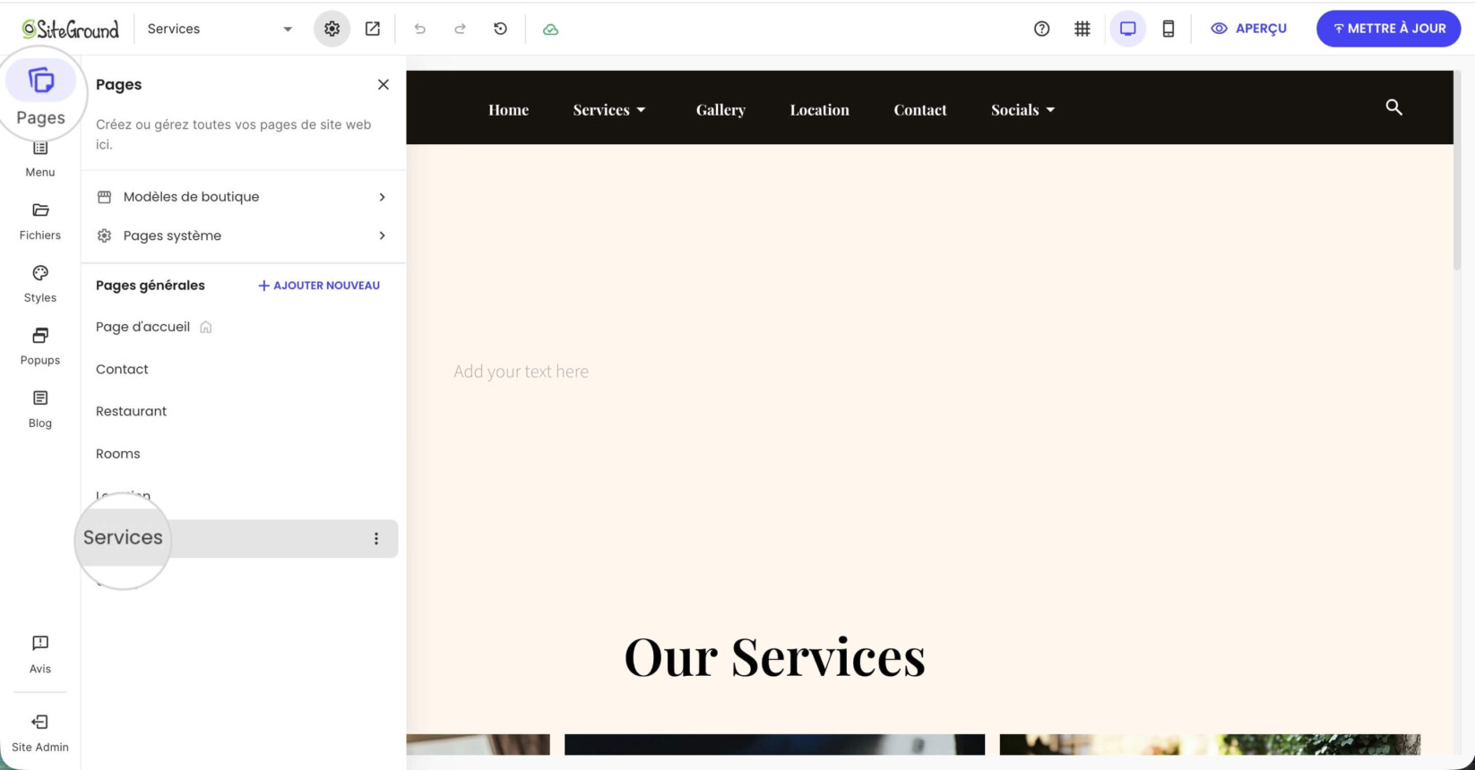 Le panneau de gestion des Pages dans le Website Builder avec la page Services sélectionnée.