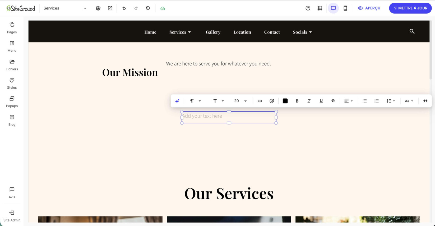Barre d'outils d'édition de texte dans le Website Builder utilisée pour personnaliser la police et l'alignement.