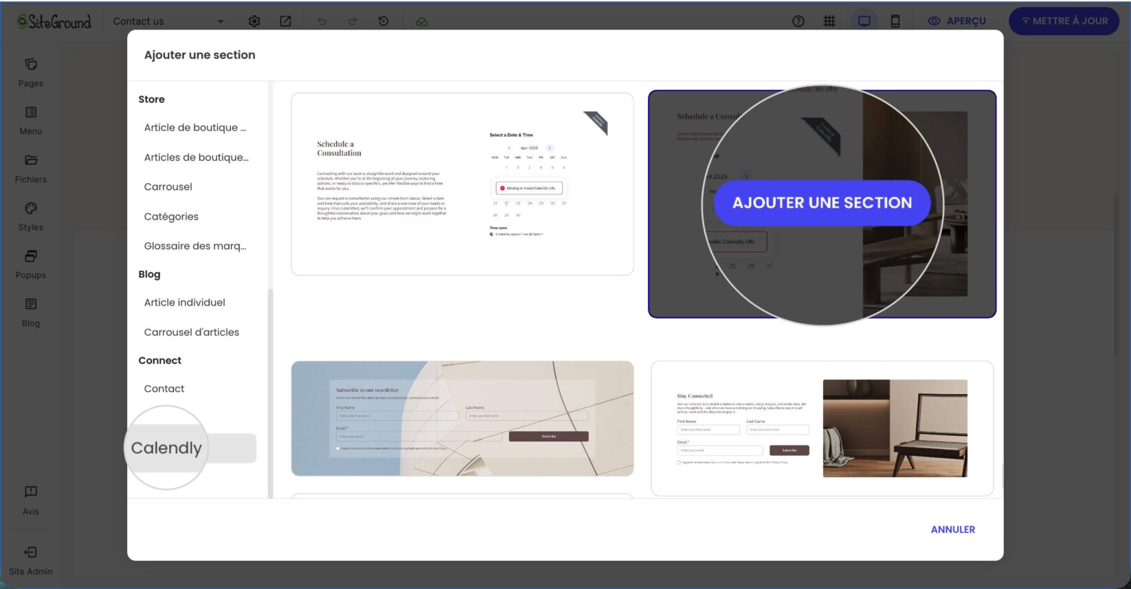 Une fenêtre contextuelle pour ajouter une section avec une mise en page de section Calendly sélectionnée