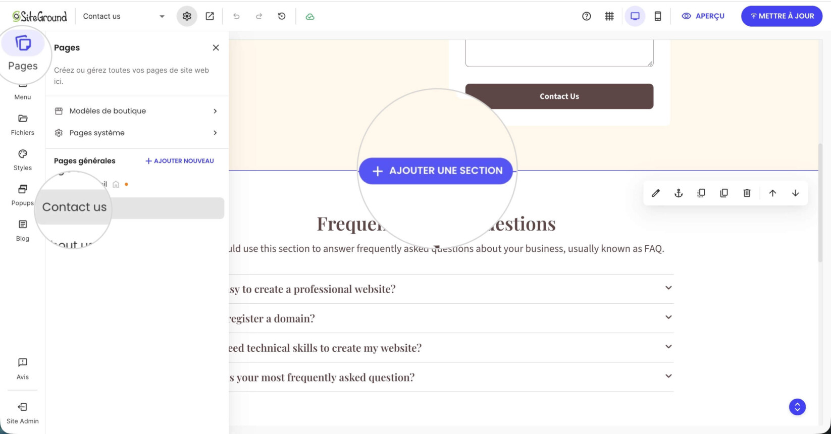 Section Pages dans Website Builder avec une page sélectionnée affichant le bouton Ajouter une section