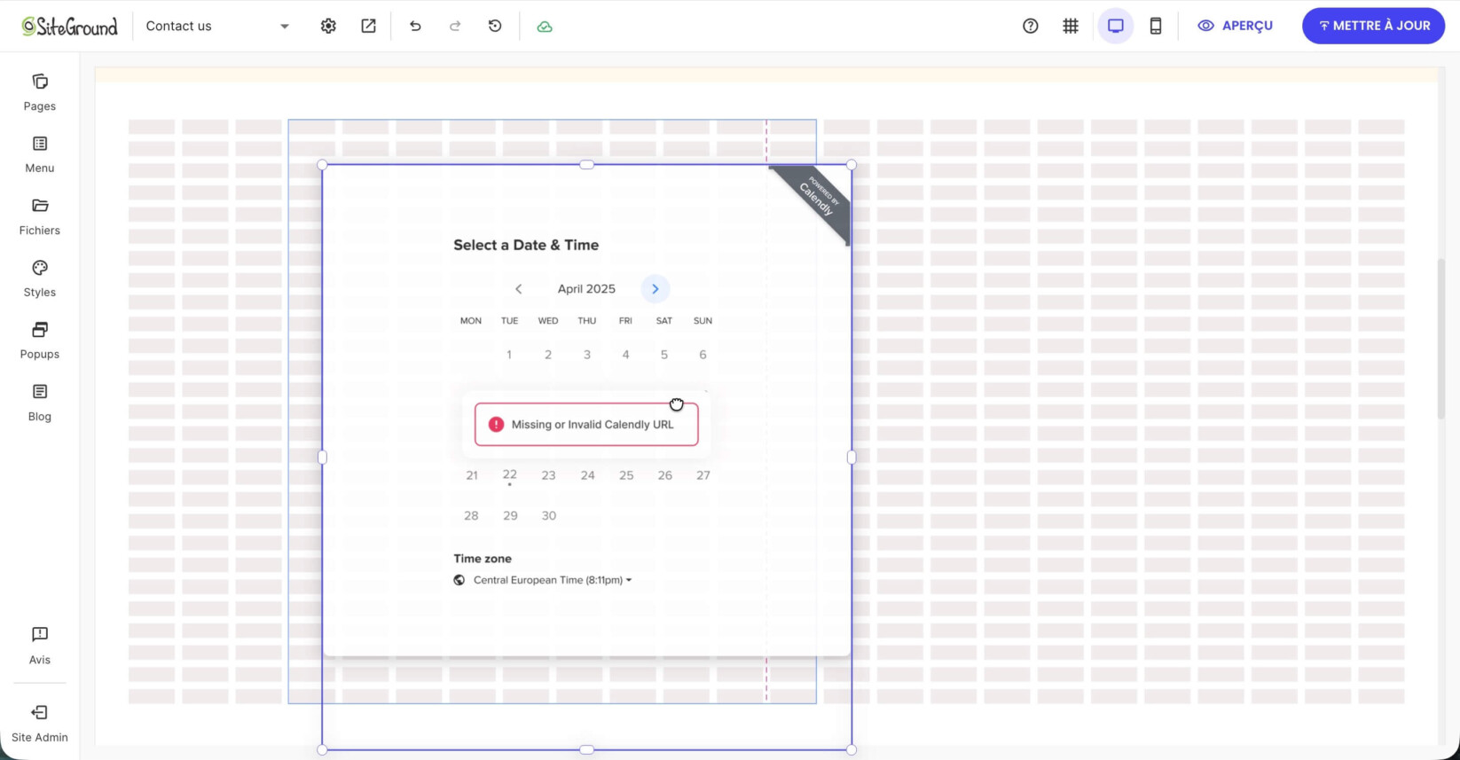La grille d'une section où vous pouvez glisser-déposer un composant Calendly