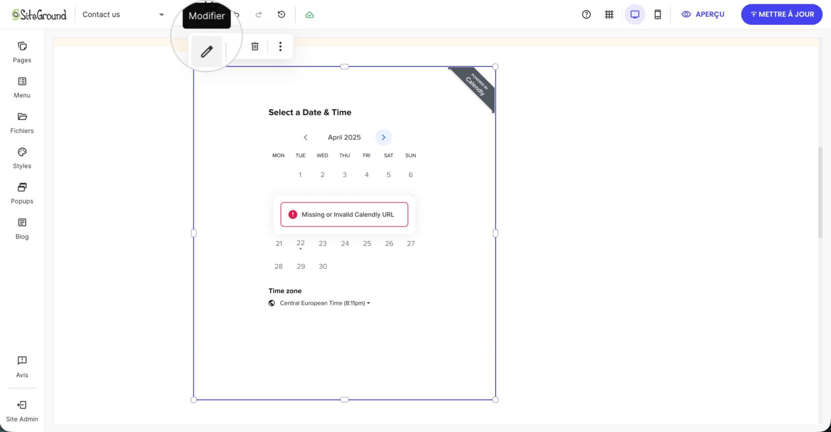 Une page dans Website Builder avec un composant Calendly sélectionné affichant les options d'édition