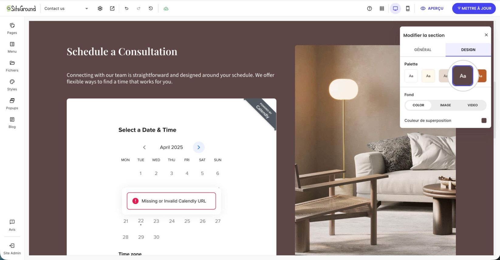 Section Calendly dans Website Builder affichant ses options d'édition