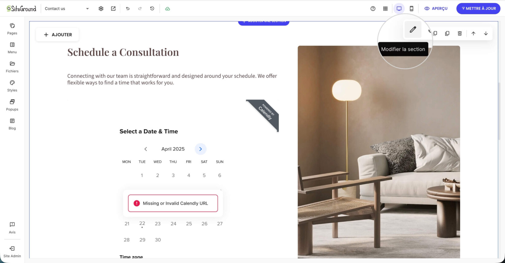 Bouton Modifier la section dans la barre d'outils d'une section Calendly