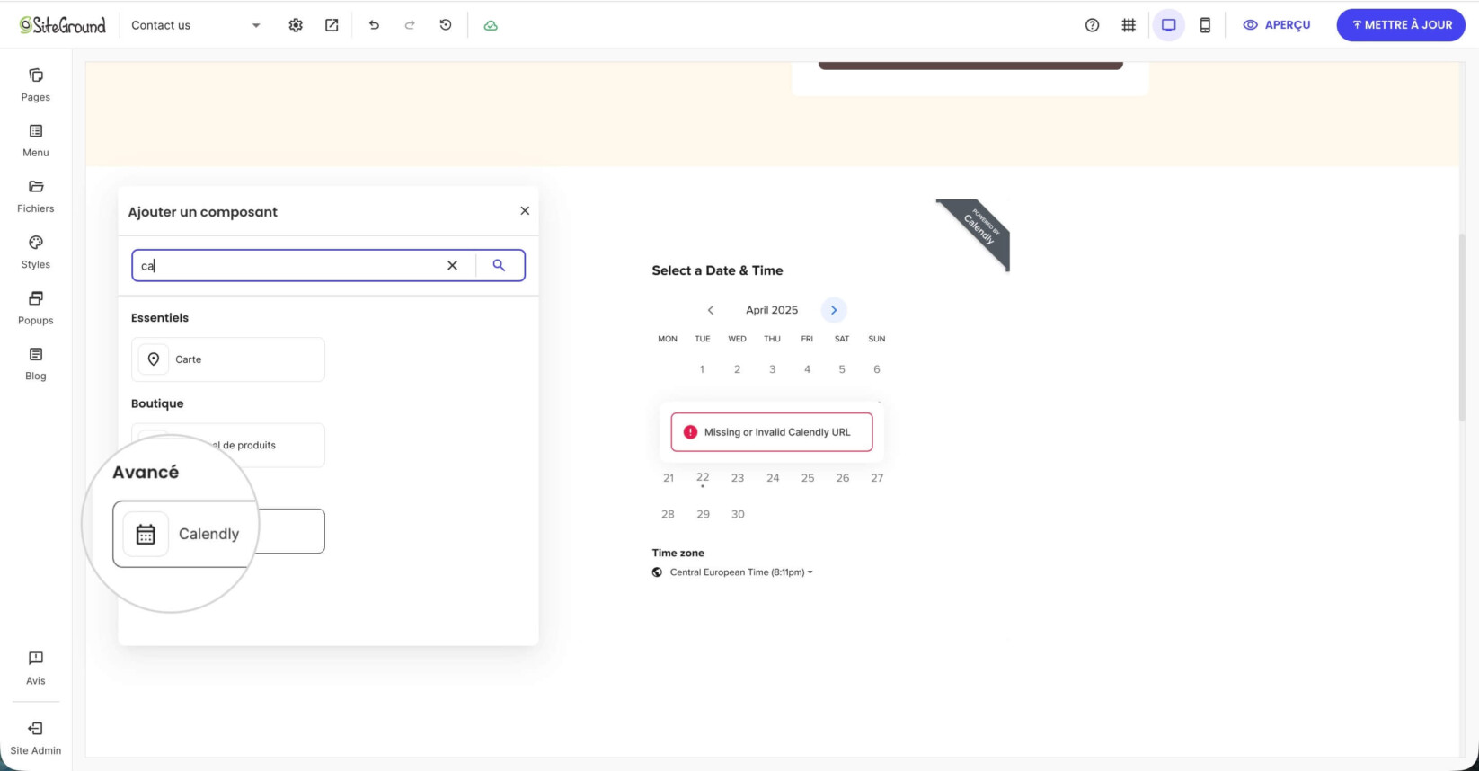 Menu Ajouter un composant avec un composant Calendly sélectionné