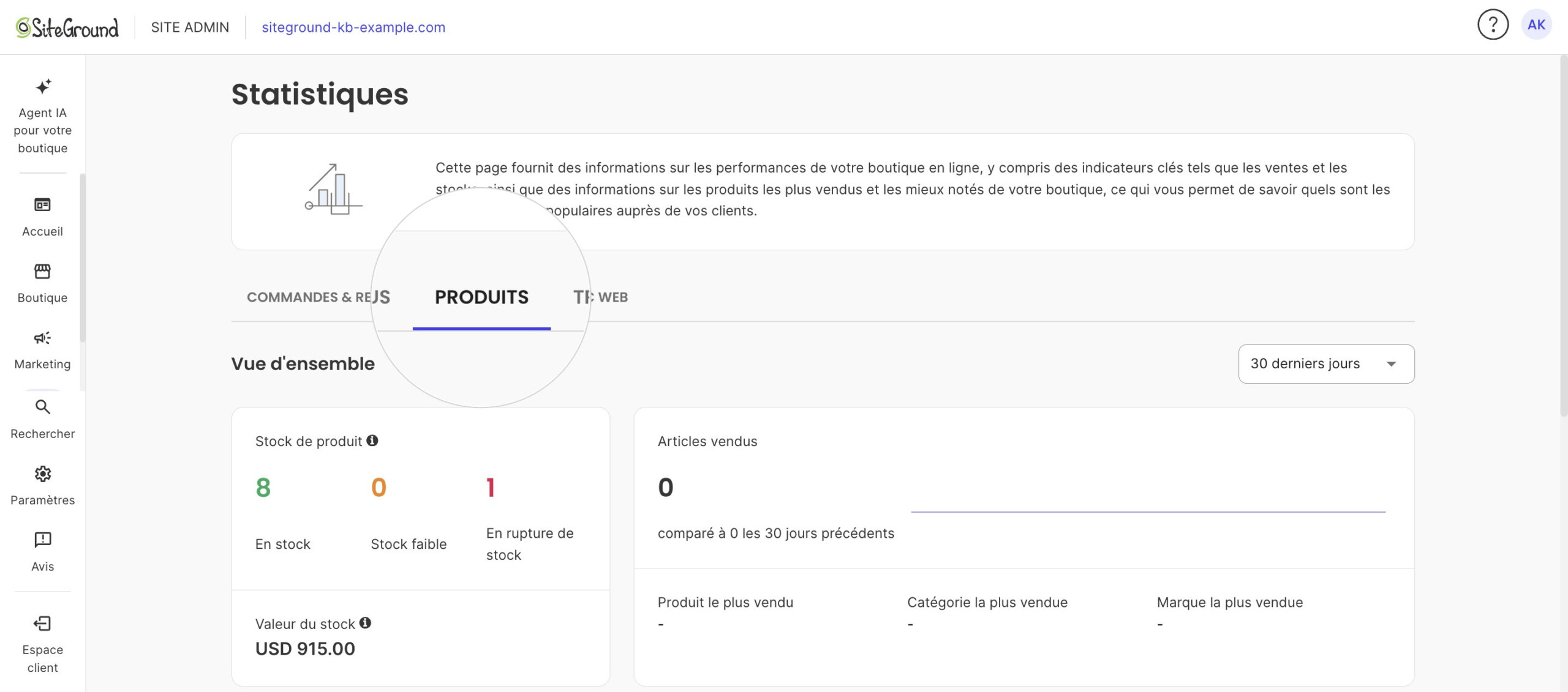 La page Statistiques avec l'onglet Produits sélectionné et les compteurs Stock de produit.