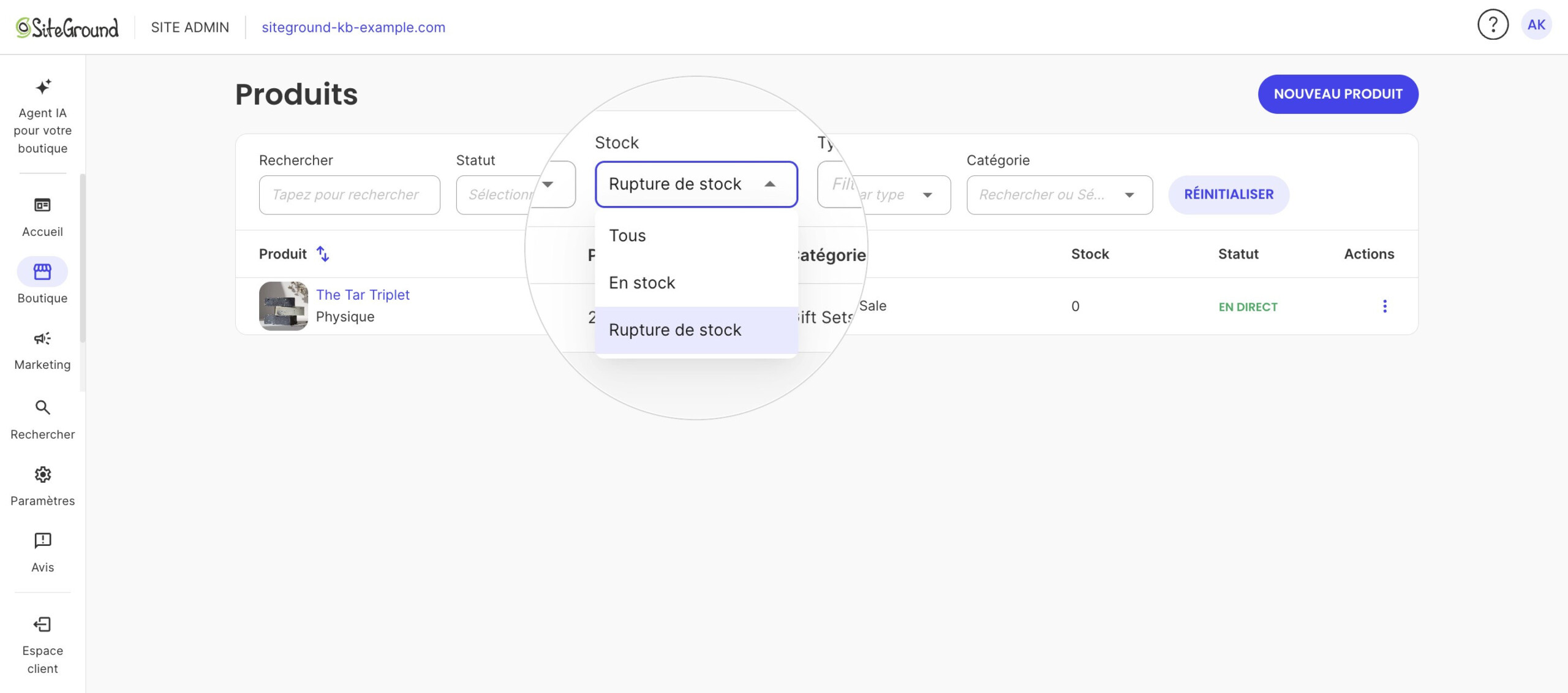 La page Produits avec le filtre Stock sur Rupture de stock : un seul produit reste.