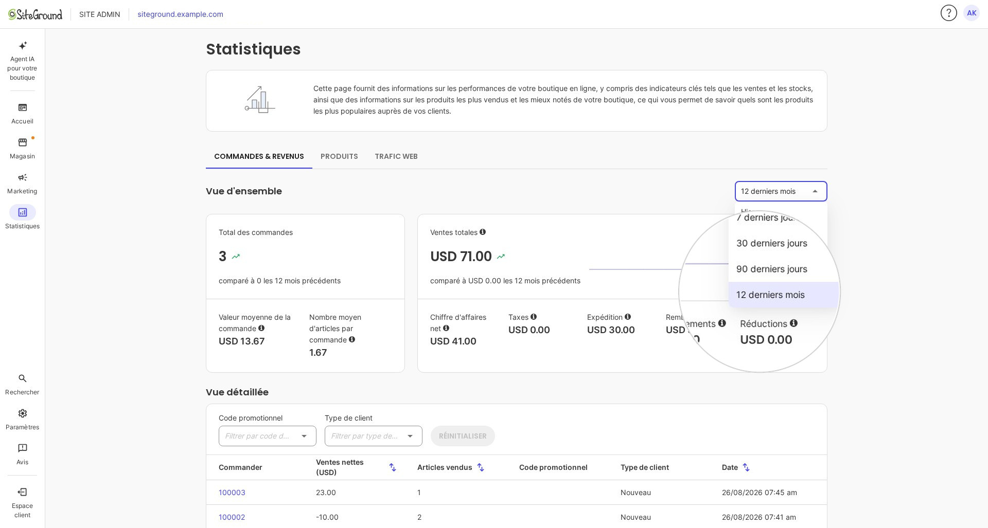 L'onglet Commandes & Revenus avec le menu de plage de dates ouvert.