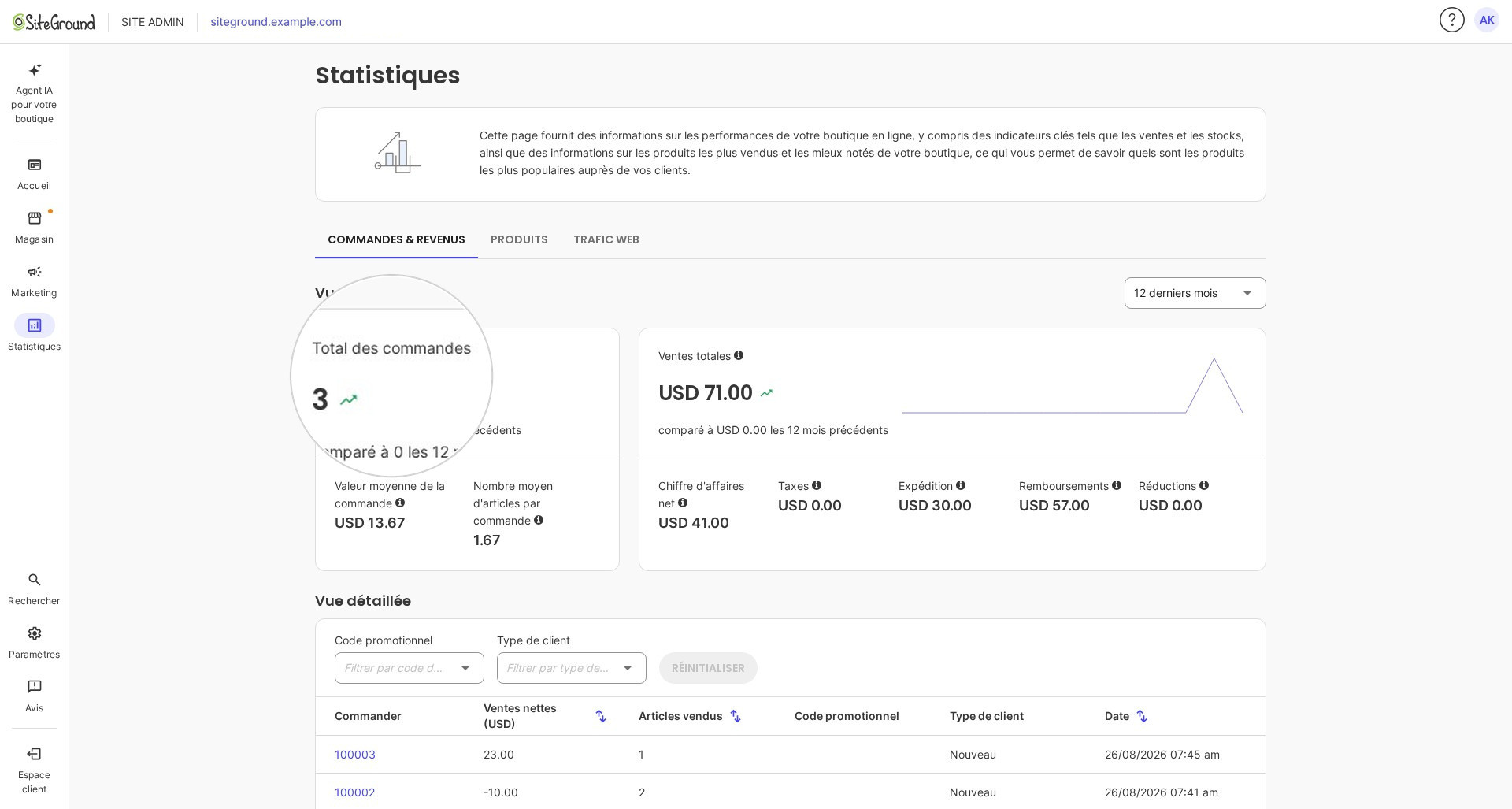 L'aperçu Commandes & Revenus des 12 derniers mois, avec les totaux et ventes nettes.