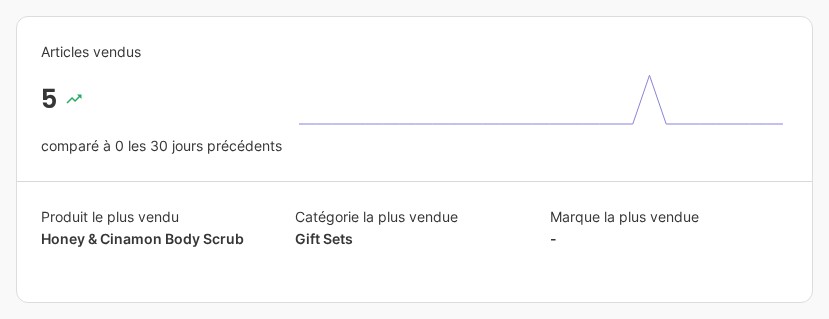 Les statistiques Articles vendus : nombre, graphique et produit le plus vendu.