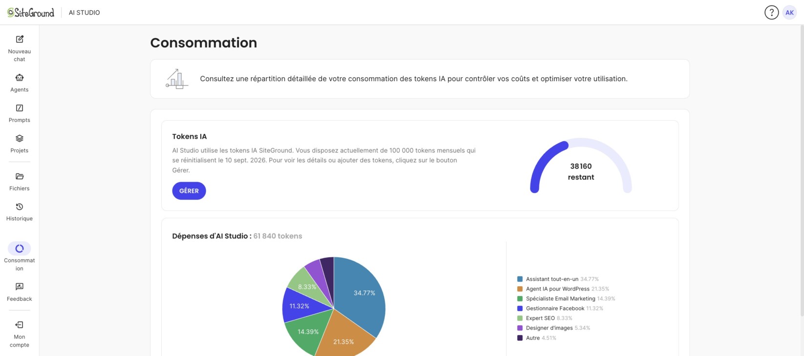 La page Consommation d'AI Studio : la carte Tokens IA indique 38 160 tokens restants à côté du bouton Gérer, au-dessus du graphique circulaire Dépenses d'AI Studio.