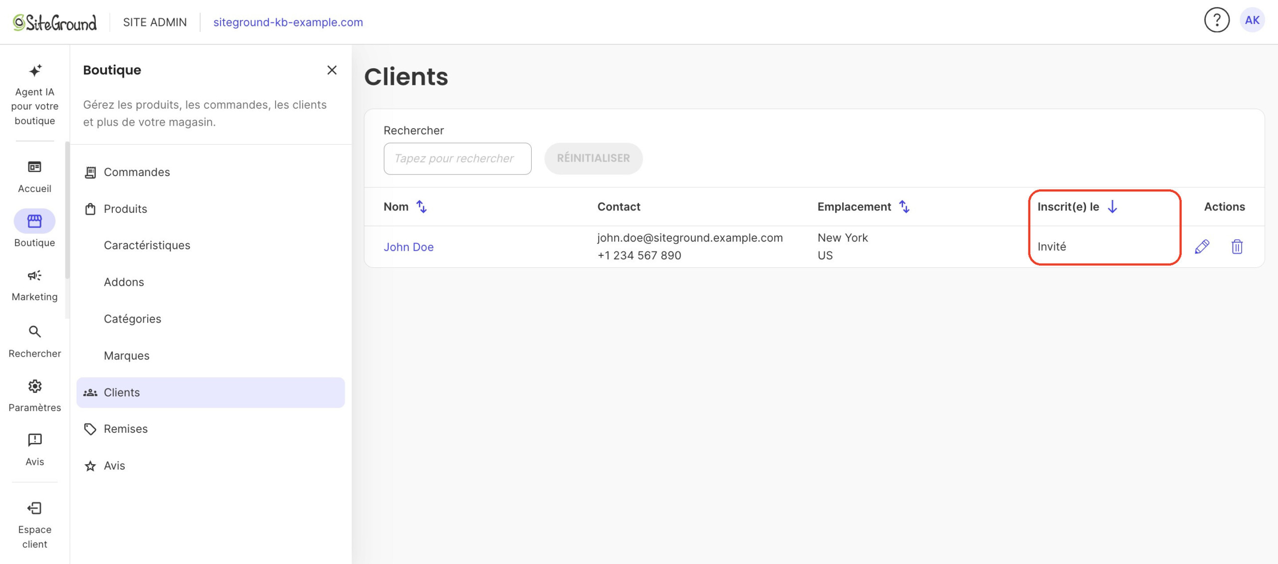 La liste des Clients de la boutique avec la colonne Inscrit(e) le indiquant si le client est invité ou inscrit.