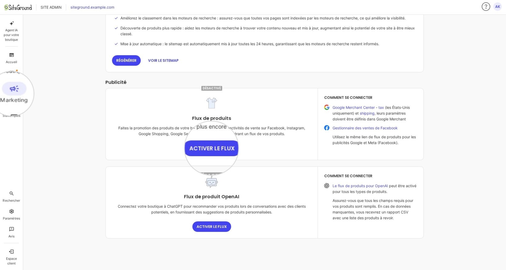 Section Marketing dans Site Admin de SiteGround Ecommerce affichant le bouton Activer le flux pour générer un fichier product feed