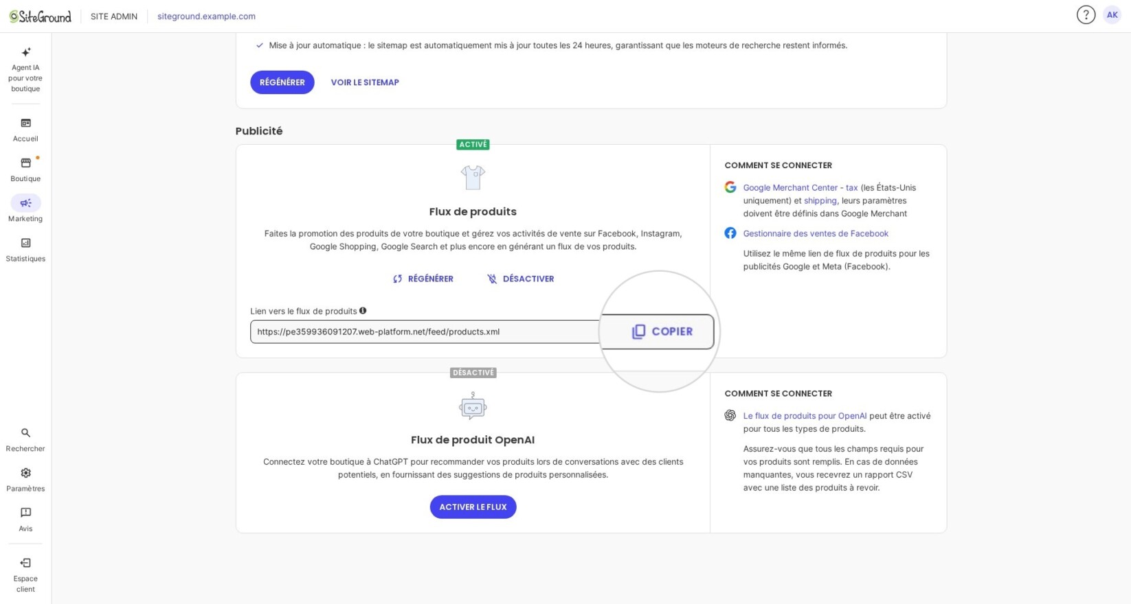 Section Marketing dans Site Admin pour SiteGround Ecommerce affichant l'URL du product feed que vous pouvez copier et partager avec les plateformes publicitaires