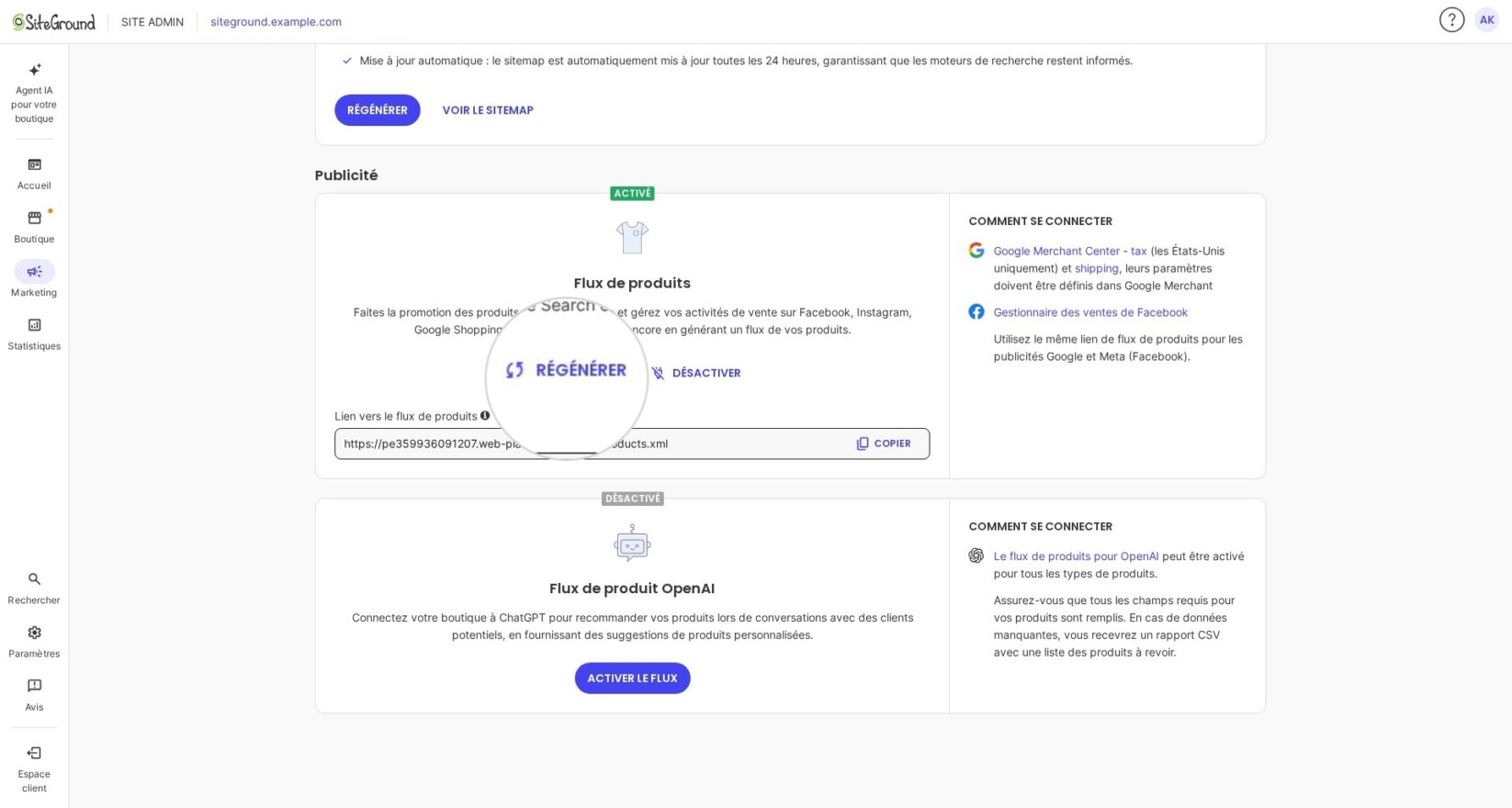 Section Marketing dans Site Admin pour SiteGround Ecommerce affichant le bouton Régénérer pour mettre à jour le fichier product feed