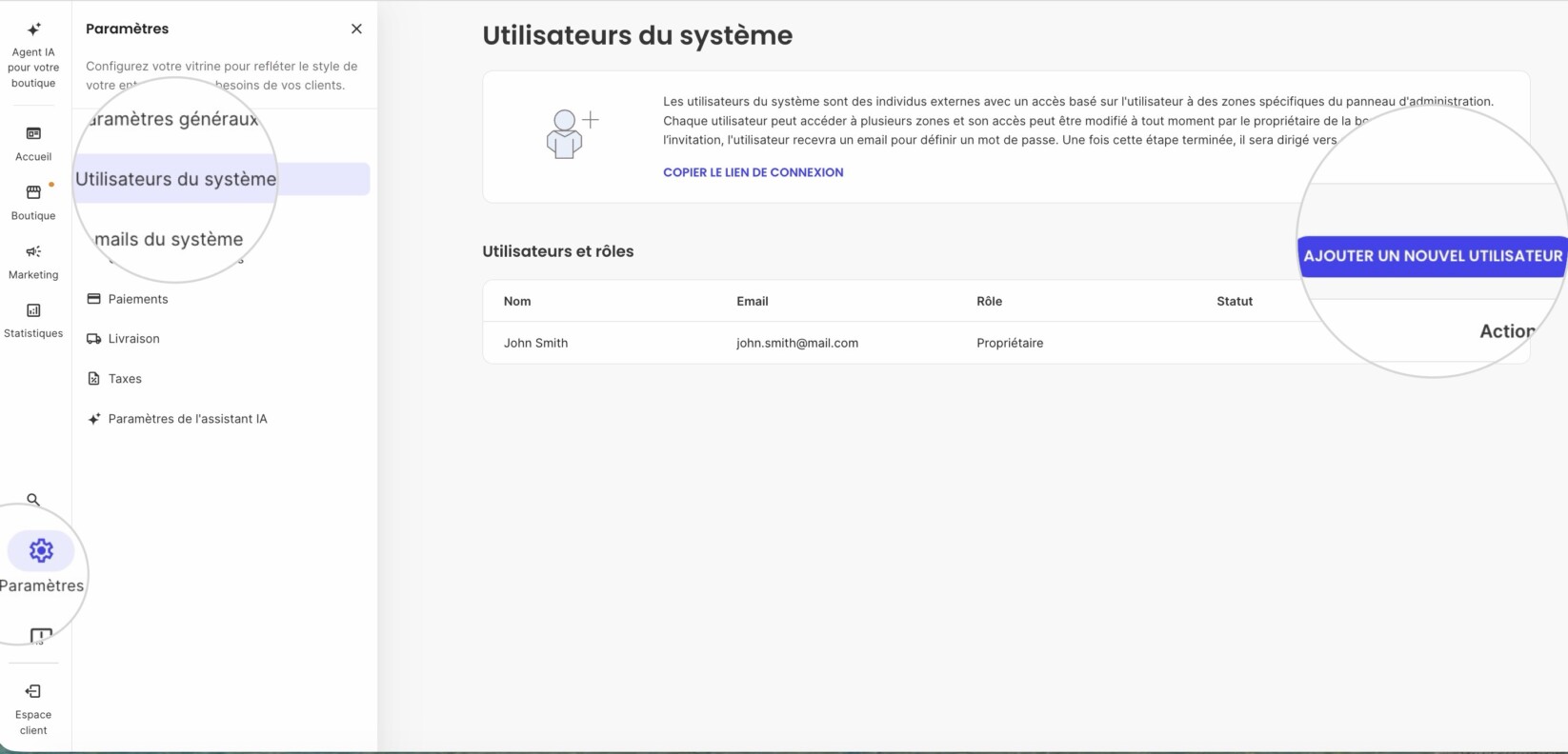 Site Admin d'une boutique Ecommerce affichant la section Utilisateurs du système