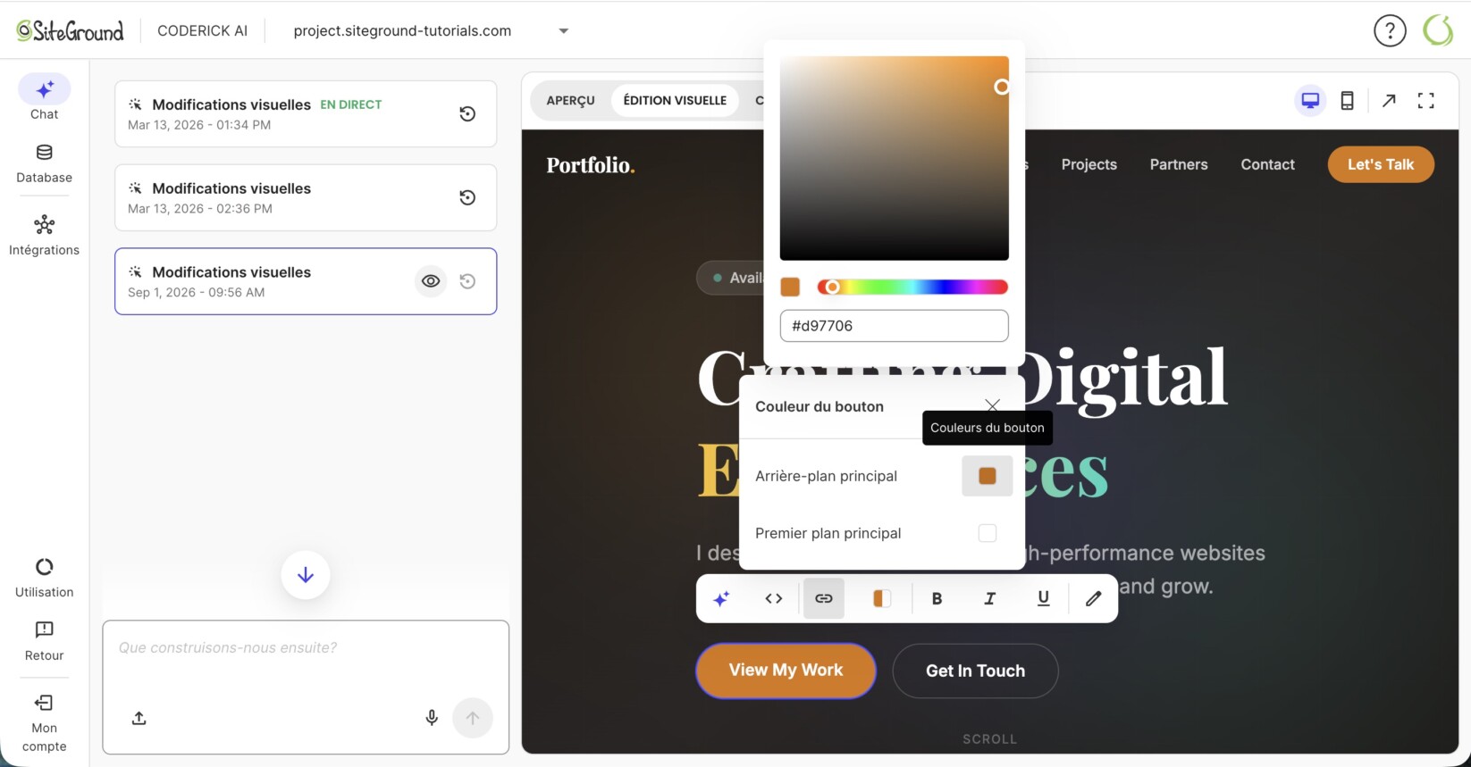 Écran d'aperçu du constructeur Coderick AI avec un bouton sélectionné affichant des options d'édition