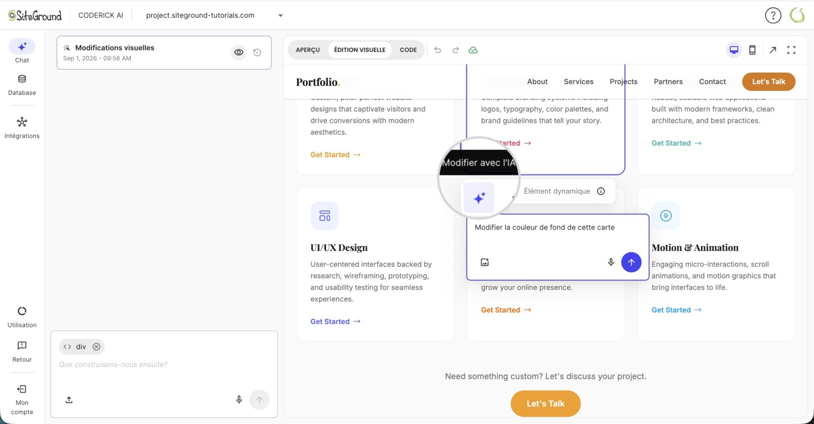 Un élément sélectionné dans le constructeur Coderick AI affichant l'option Modifier avec l’IA qui marque l'élément dans l'invite de discussion