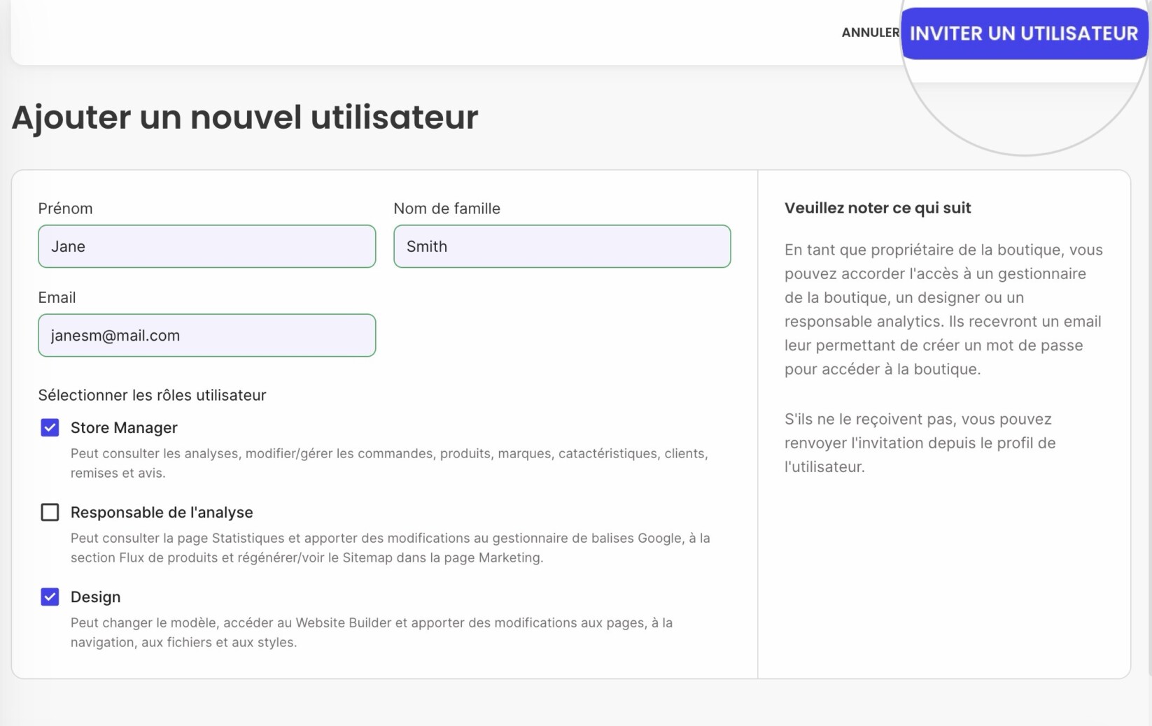 Page Utilisateur système où vous renseignez les informations de l'utilisateur et envoyez une invitation via le bouton Inviter un utilisateur