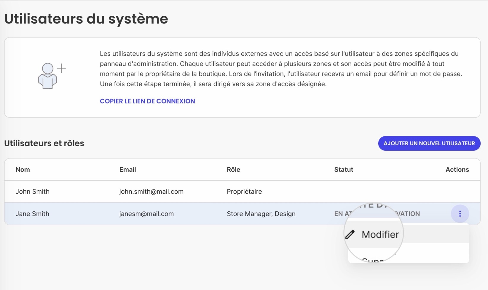 Section Utilisateurs du système dans Ecommerce affichant le bouton Modifier du menu Actions pour un utilisateur unique