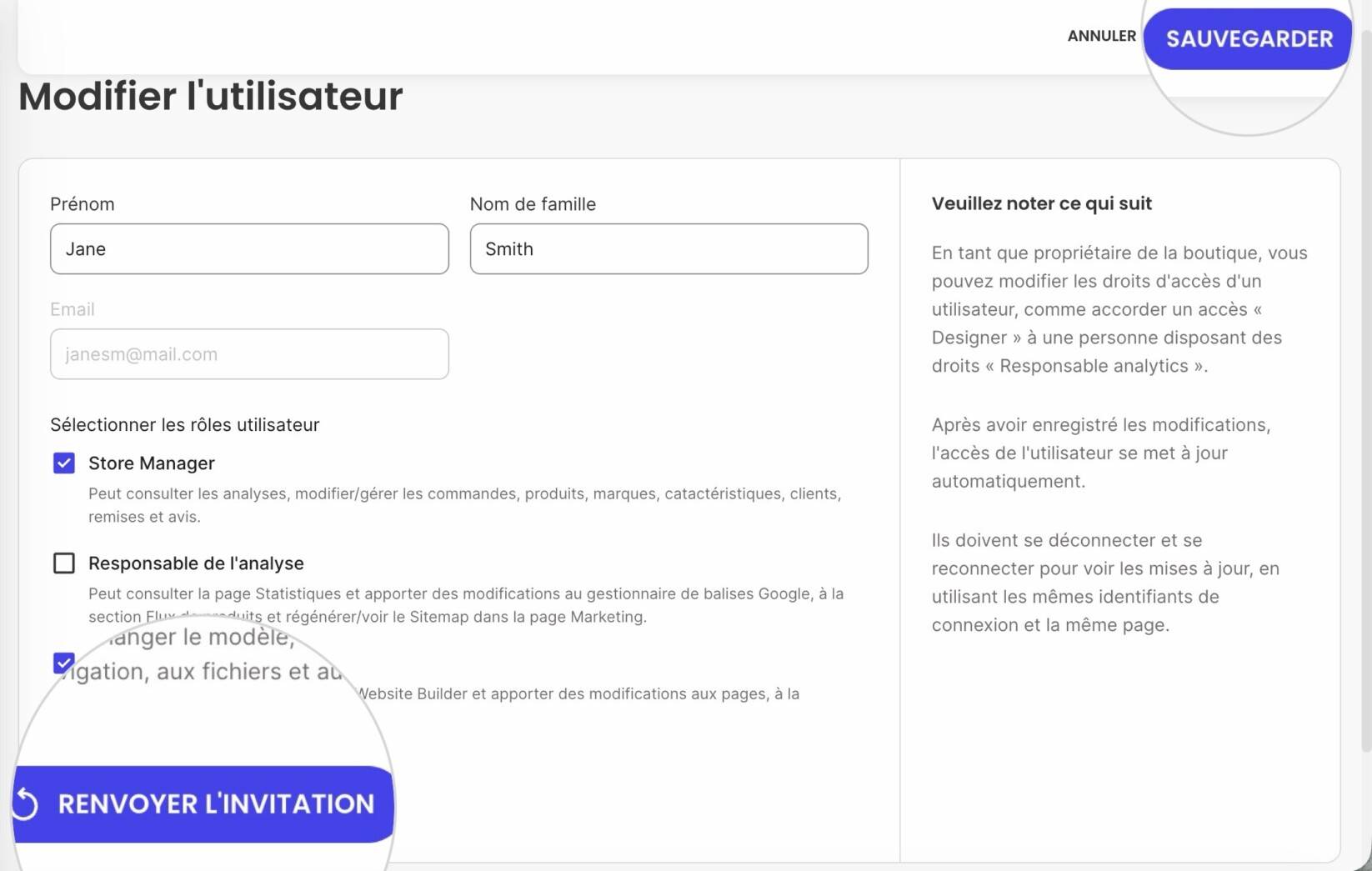 Page d'un utilisateur du système où vous pouvez éditer les détails et enregistrer les modifications ou renvoyer l'invitation 