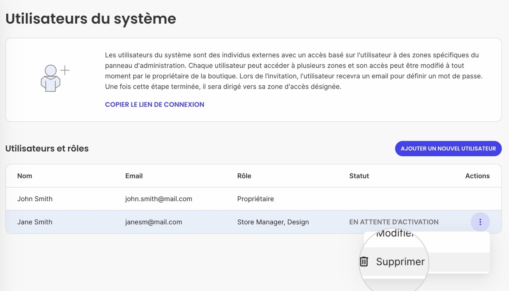 Section Utilisateurs du système affichant le bouton Supprimer du menu Actions pour un utilisateur unique 