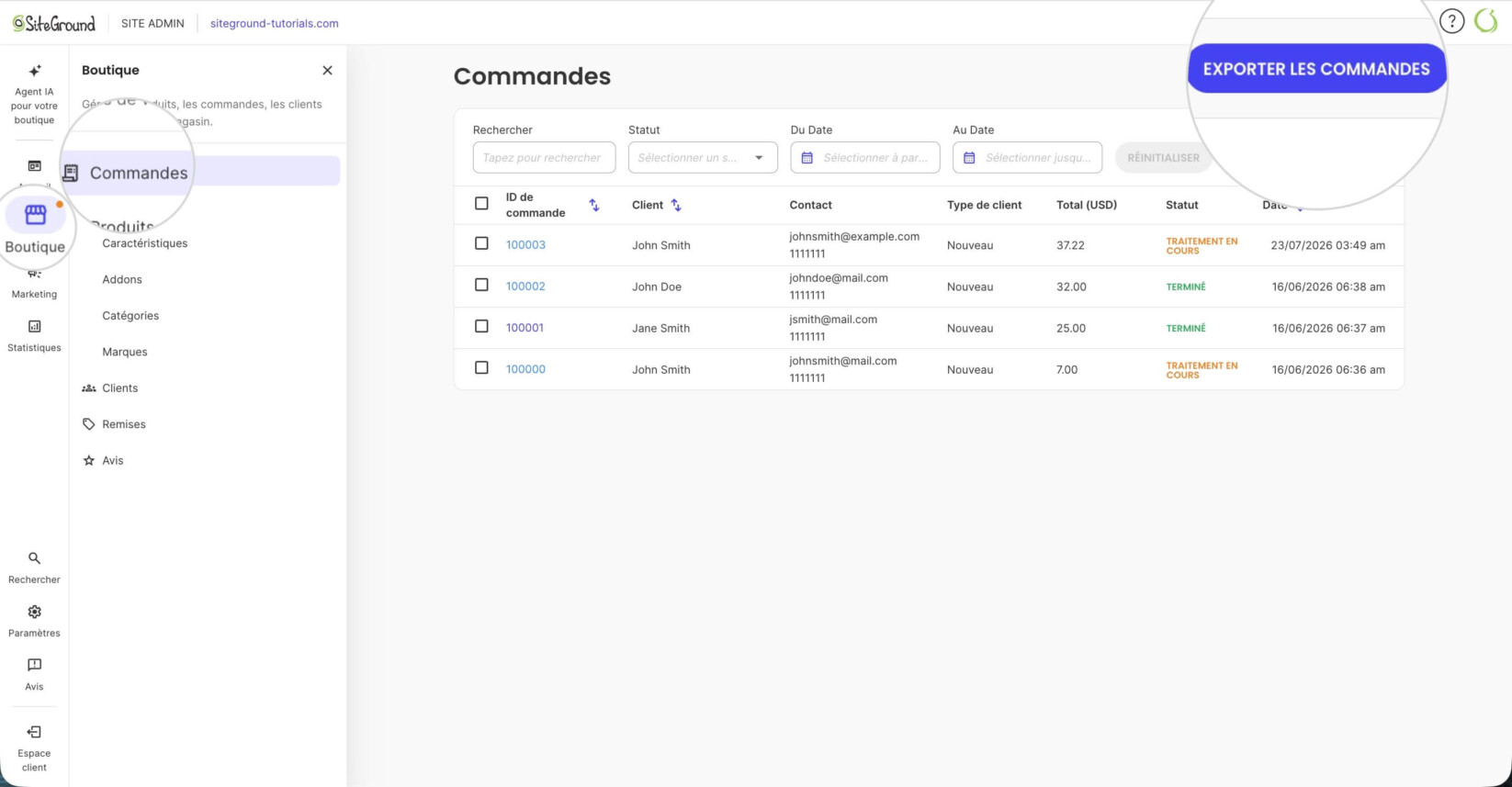 Section des commandes dans le panneau Site Admin d'une boutique Ecommerce avec un bouton Exporter les commandes mis en évidence
