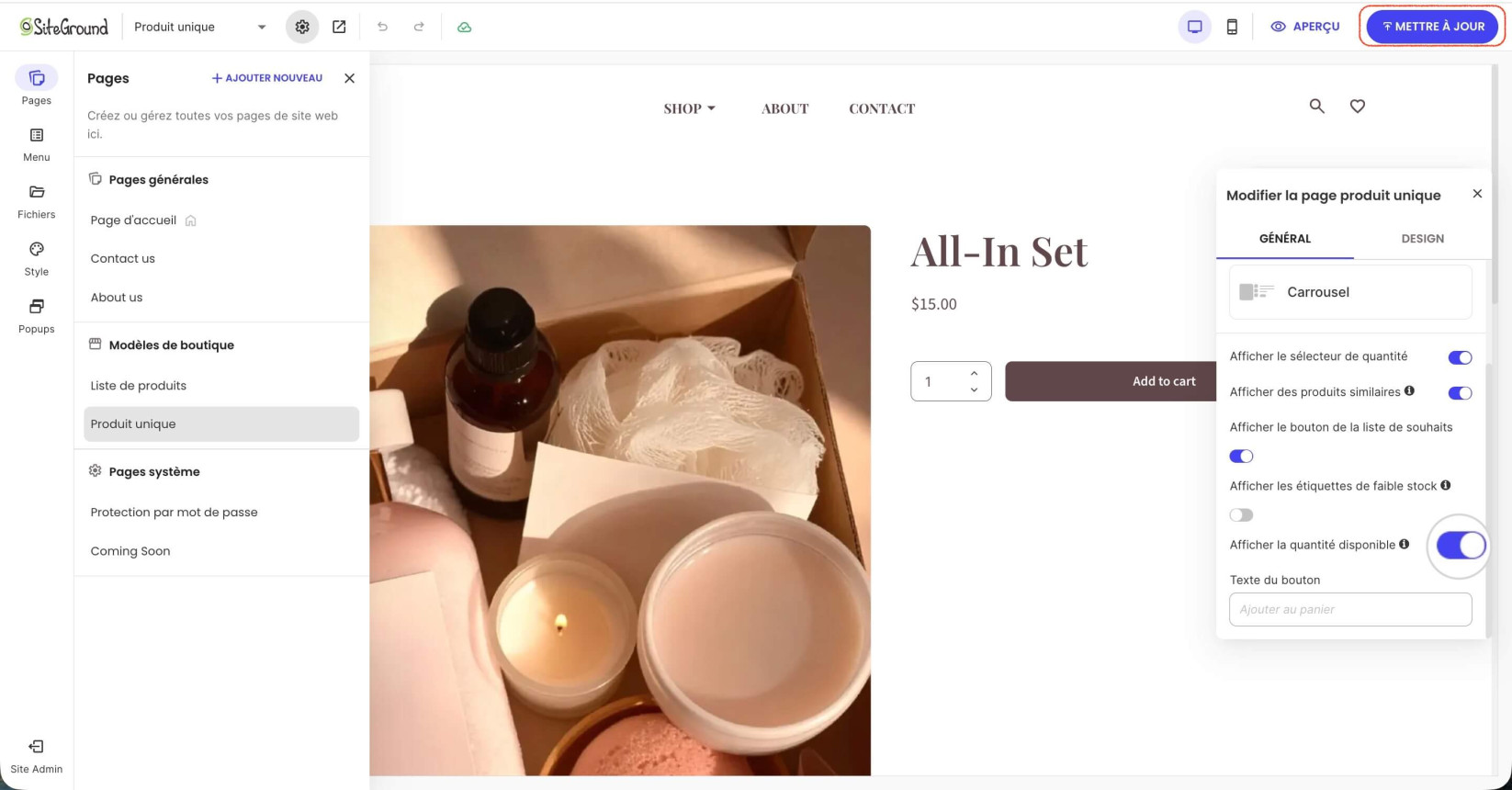 Paramètres de la page Produit Unique où l'option "Afficher la quantité disponible" est activée