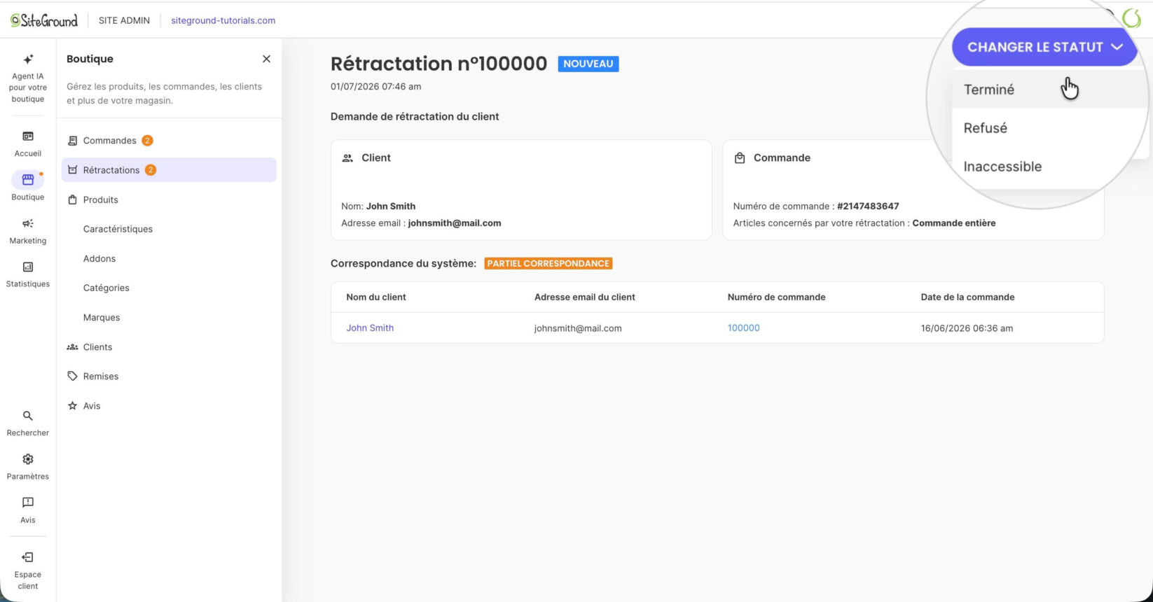 Modifier le statut de la demande