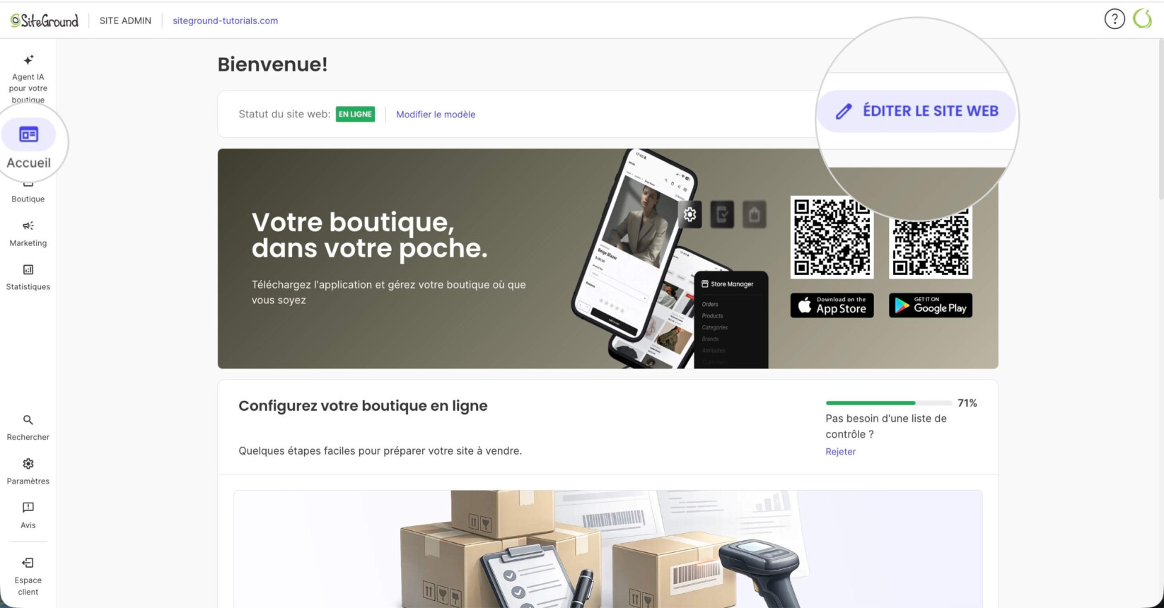 Bouton Éditer le site web pour accéder à l'éditeur visuel du Website Builder