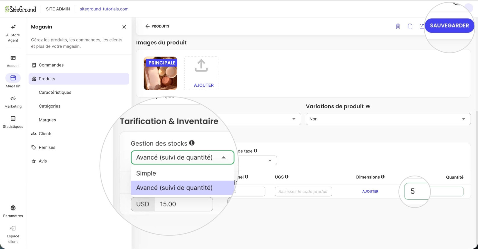 L'éditeur d'un produit unique dans Ecommerce où la gestion des stocks est définie sur Avancée et la quantité sur 5 unités