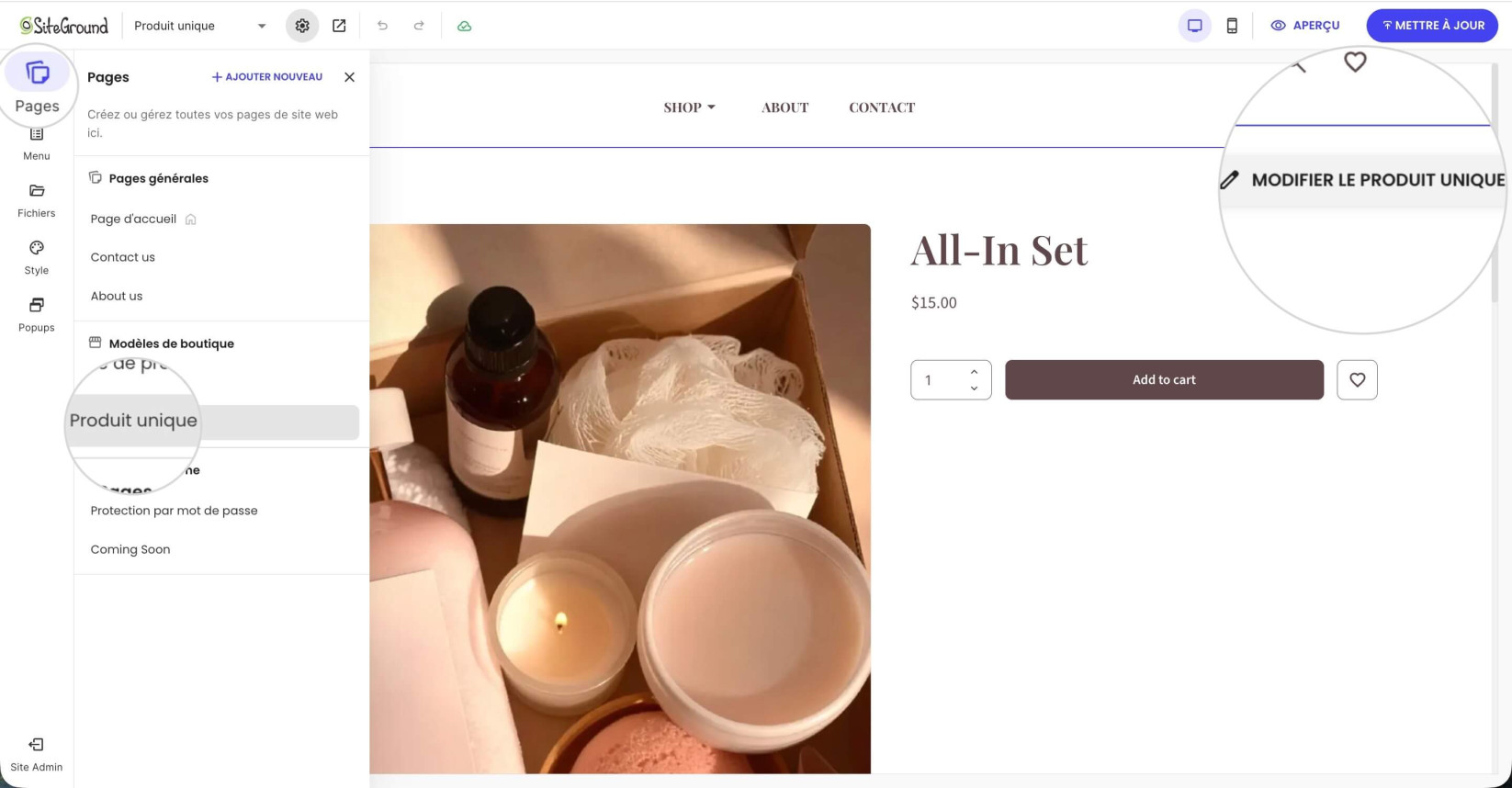 Éditeur Website Builder d'un site web Ecommerce où le Produit Unique est sélectionné et le bouton Modifier le Produit Unique est sélectionné