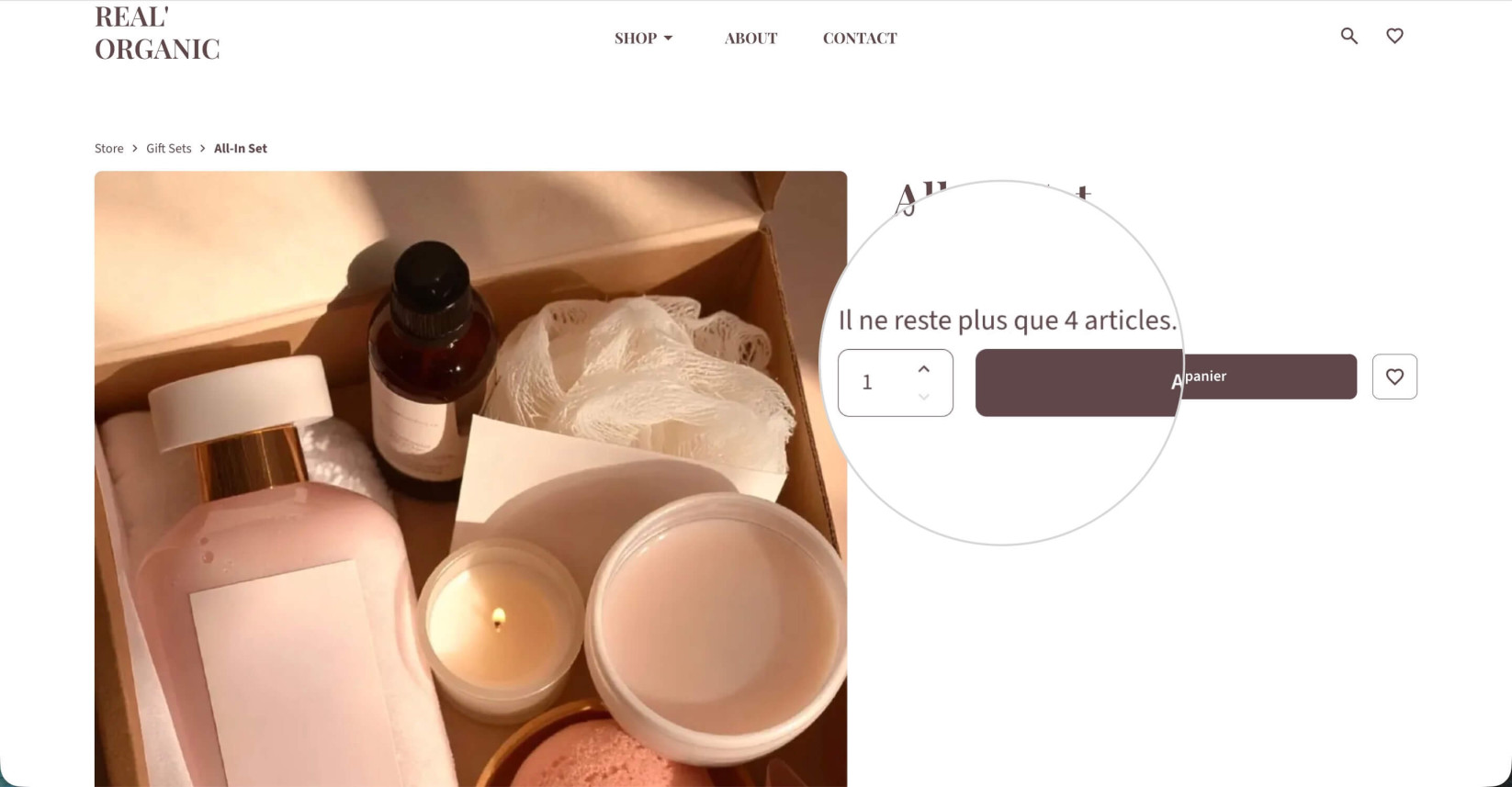 Une page de produit unique sur une vitrine Ecommerce où un autre utilisateur a réservé une unité du produit et celle-ci est déduite du stock disponible