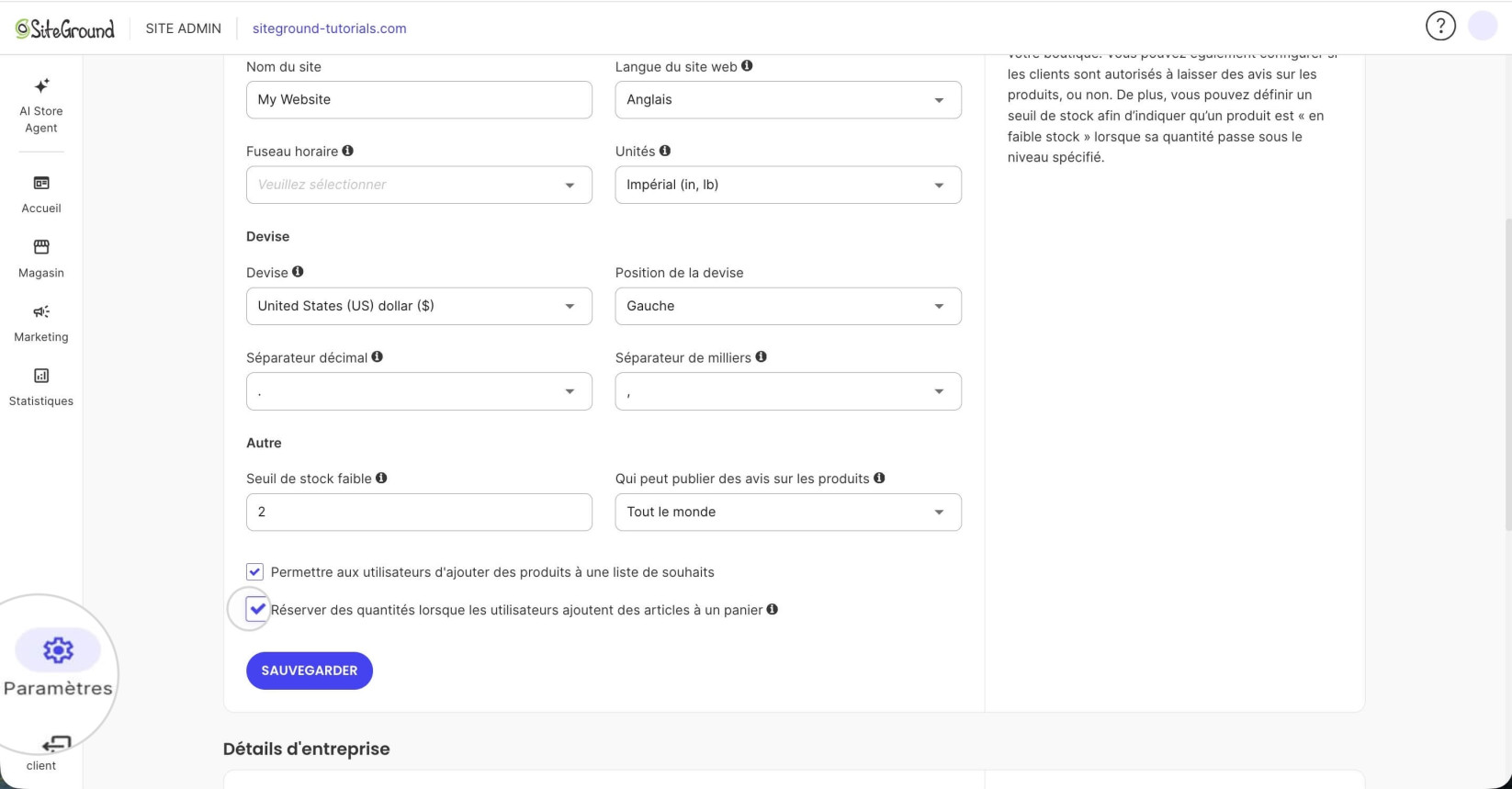 Panneau Site Admin d'un site web Ecommerce affichant les Paramètres généraux où l'option Réserver les quantités lorsque les utilisateurs ajoutent des articles à un panier est sélectionnée