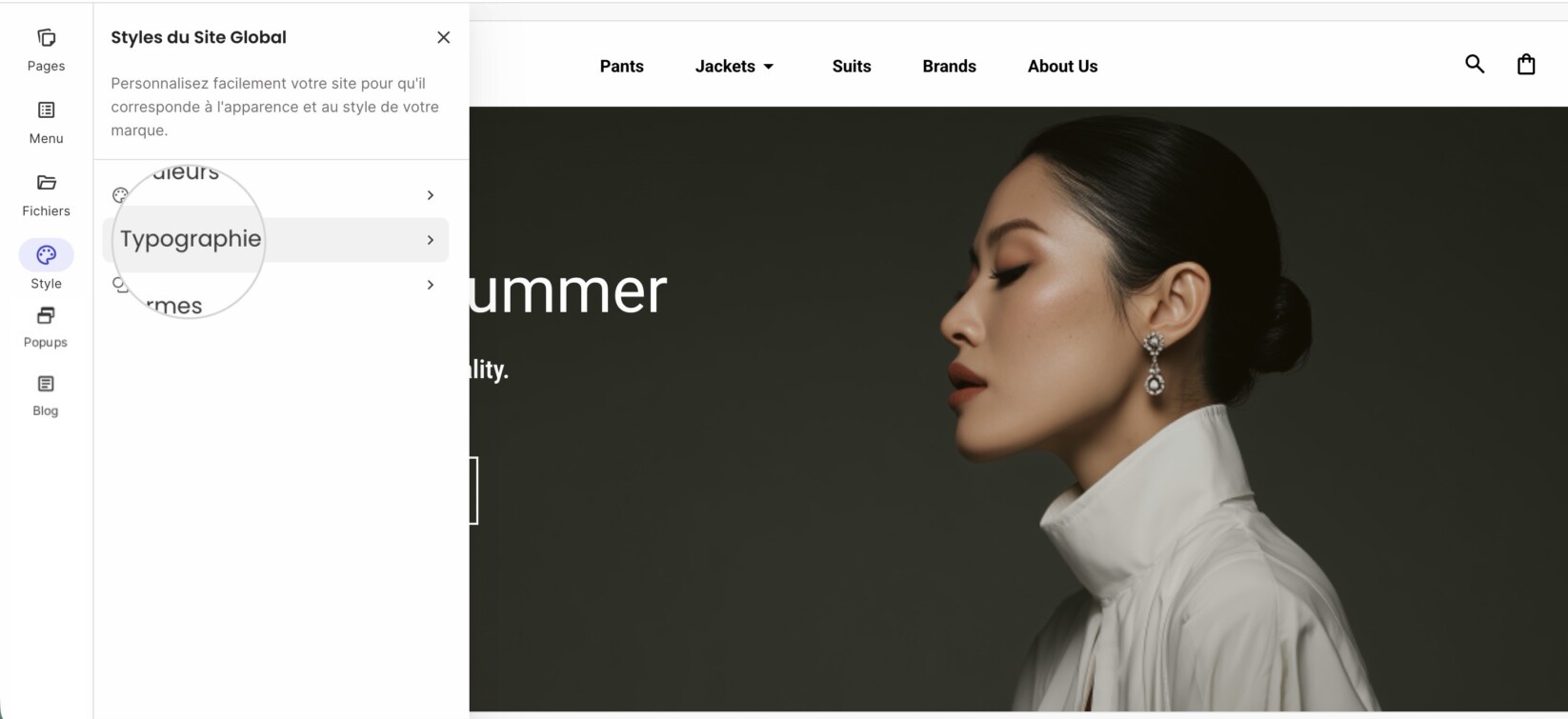 Dans la barre d'outils du menu de gauche, choisissez Styles puis Typographie