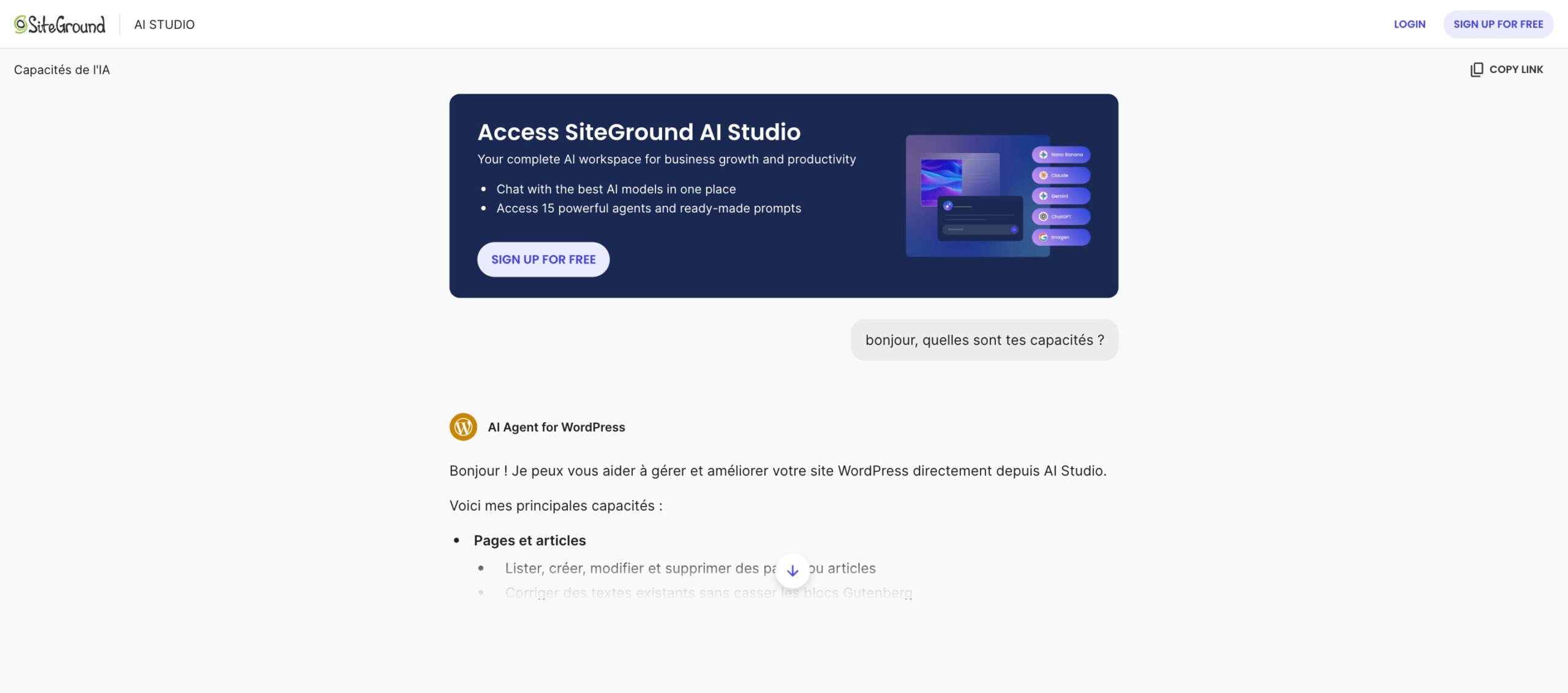 Chat partagé de SiteGround AI Studio ouvert sans connexion, avec une option d’inscription gratuite.