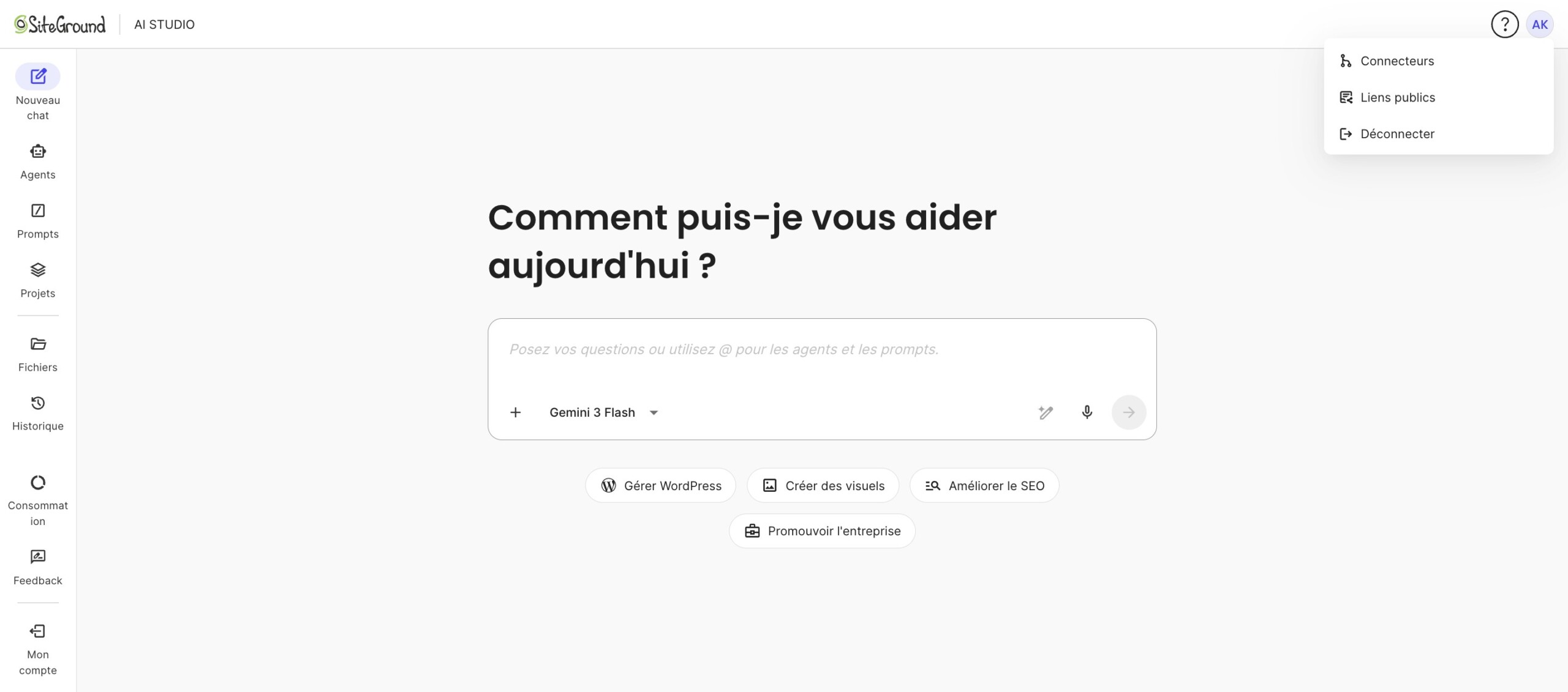 Menu du profil AI Studio avec l’option « Liens publics »