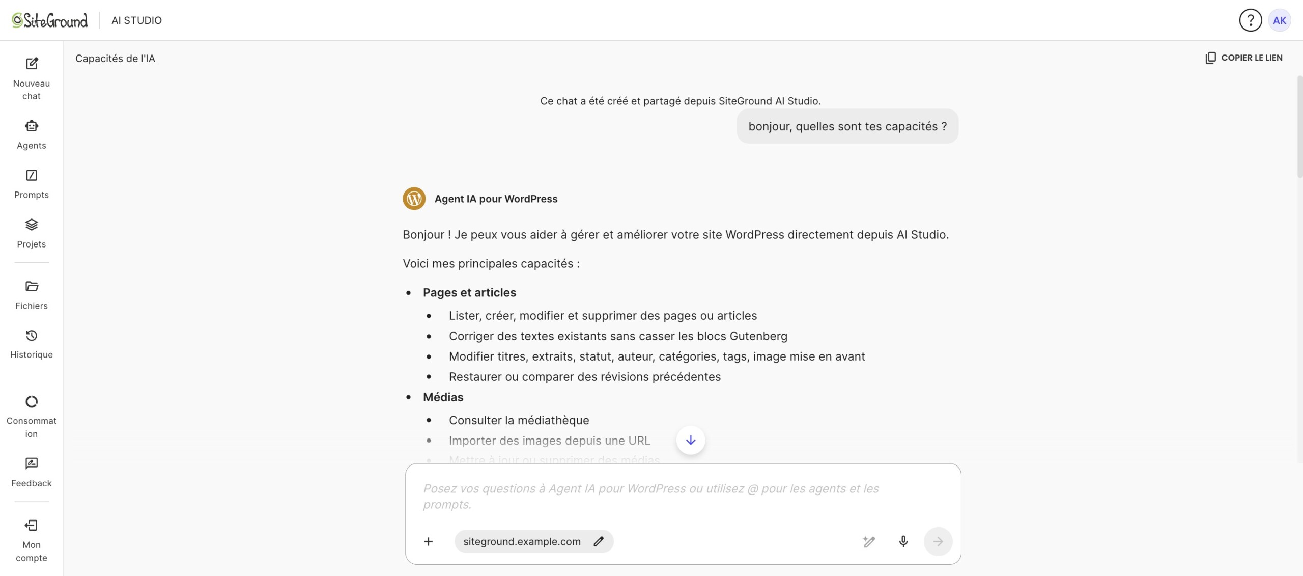 Chat partagé de SiteGround AI Studio ouvert avec une session active et l’Agent IA pour WordPress disponible.