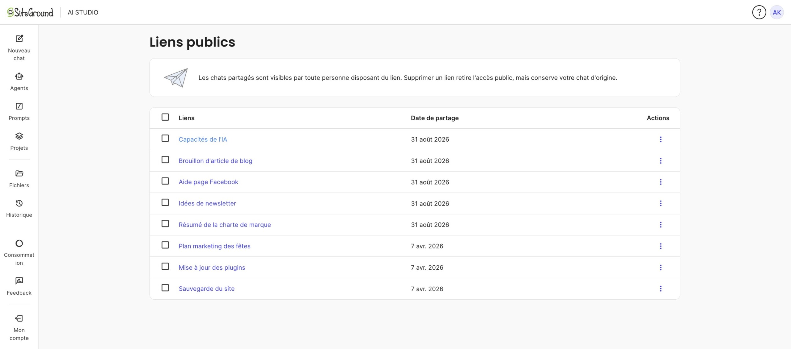 Page « Liens publics » avec la liste des chats partagés