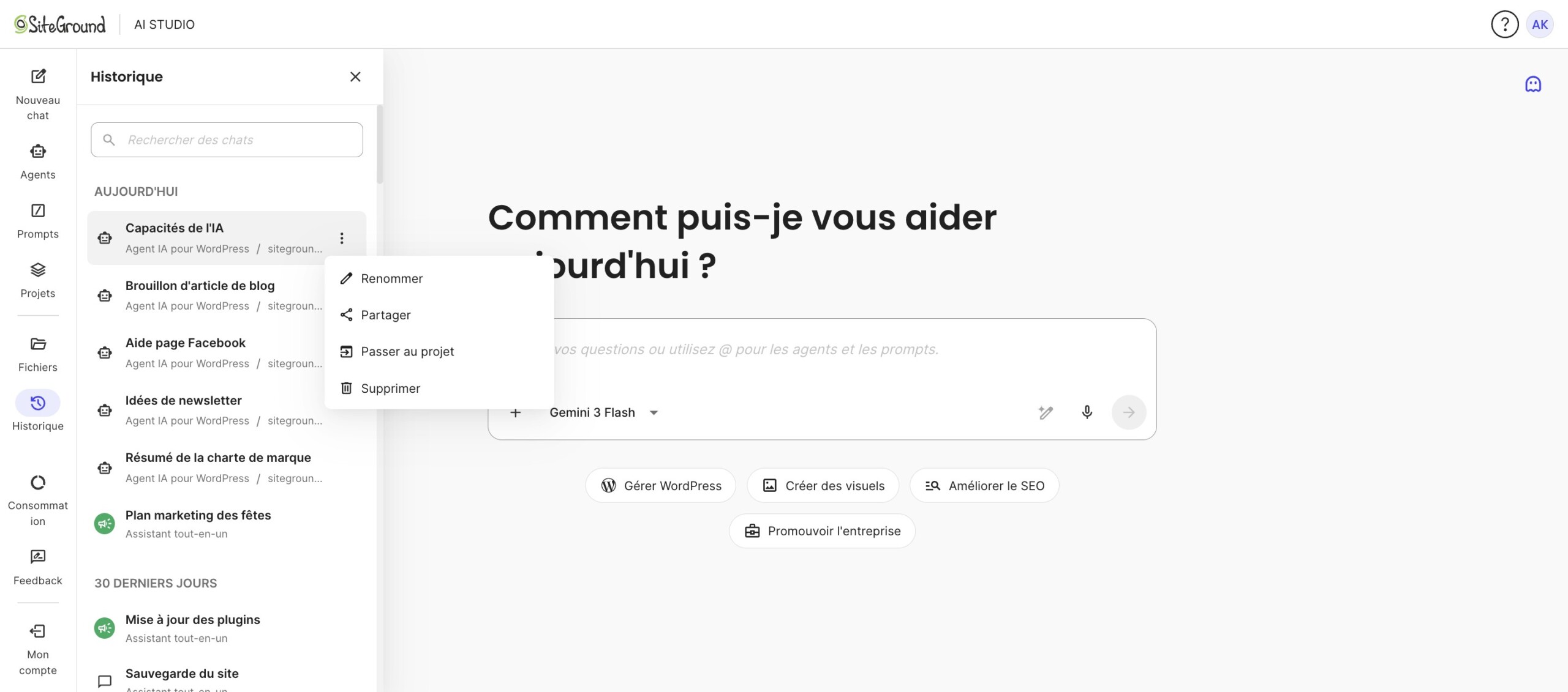 Option Partager dans le menu d’un chat de l’historique AI Studio