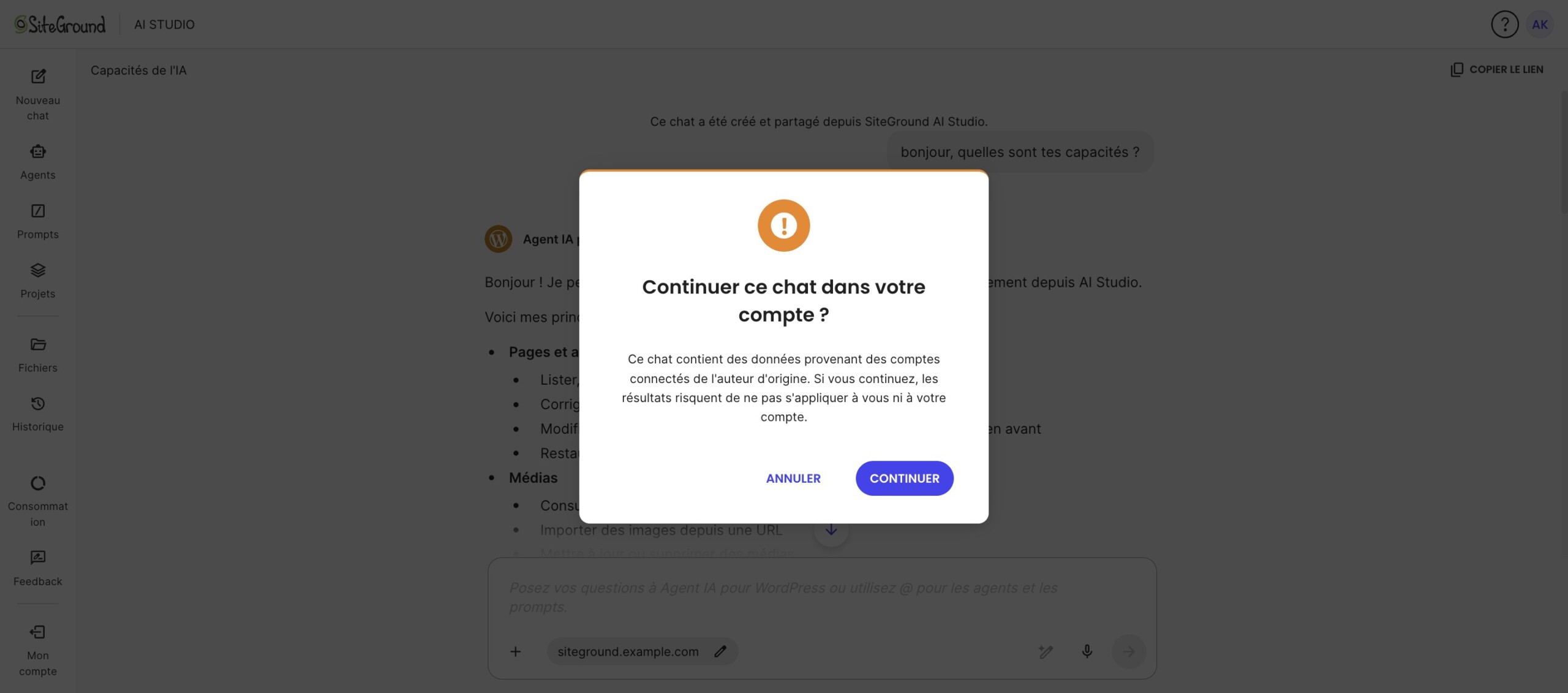 Avertissement de confirmation pour continuer un chat partagé dans SiteGround AI Studio.