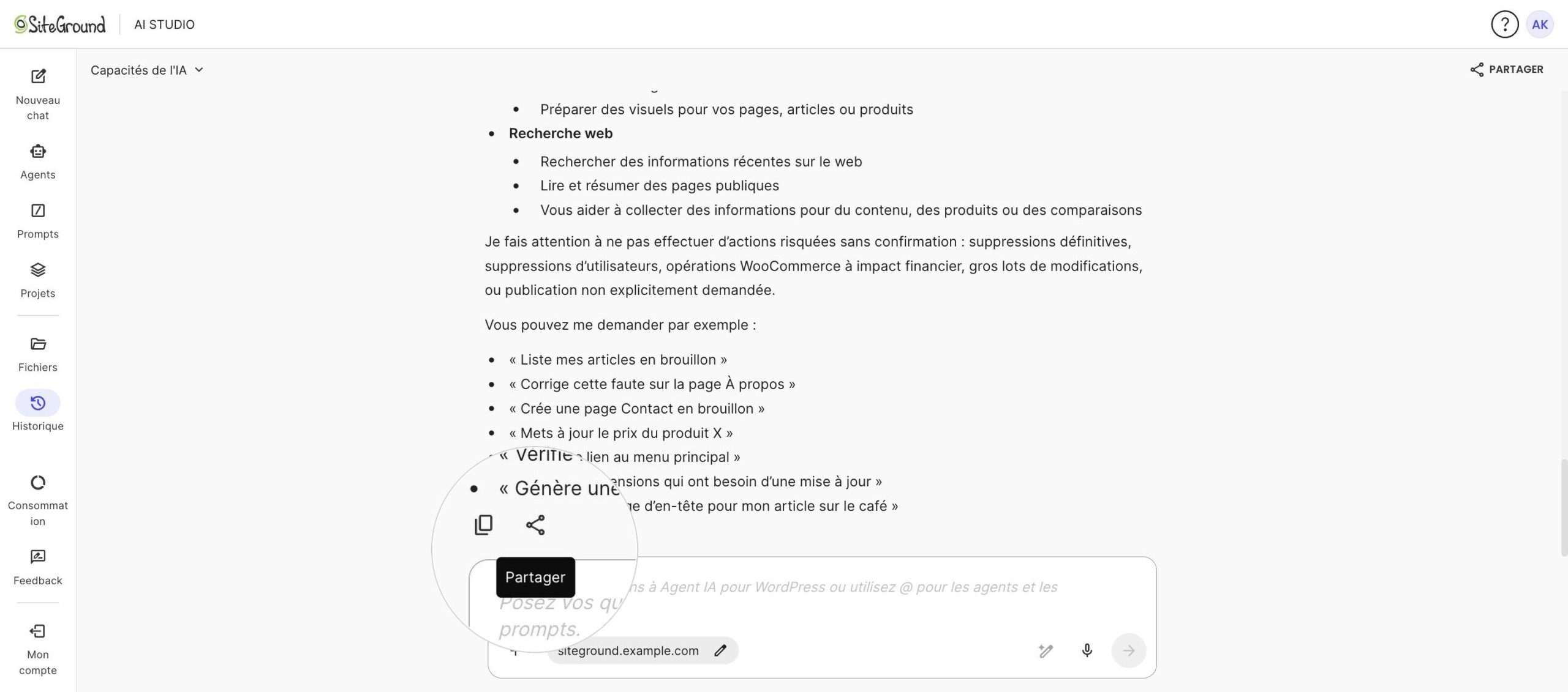 Icône Partager sous une réponse individuelle d’AI Studio