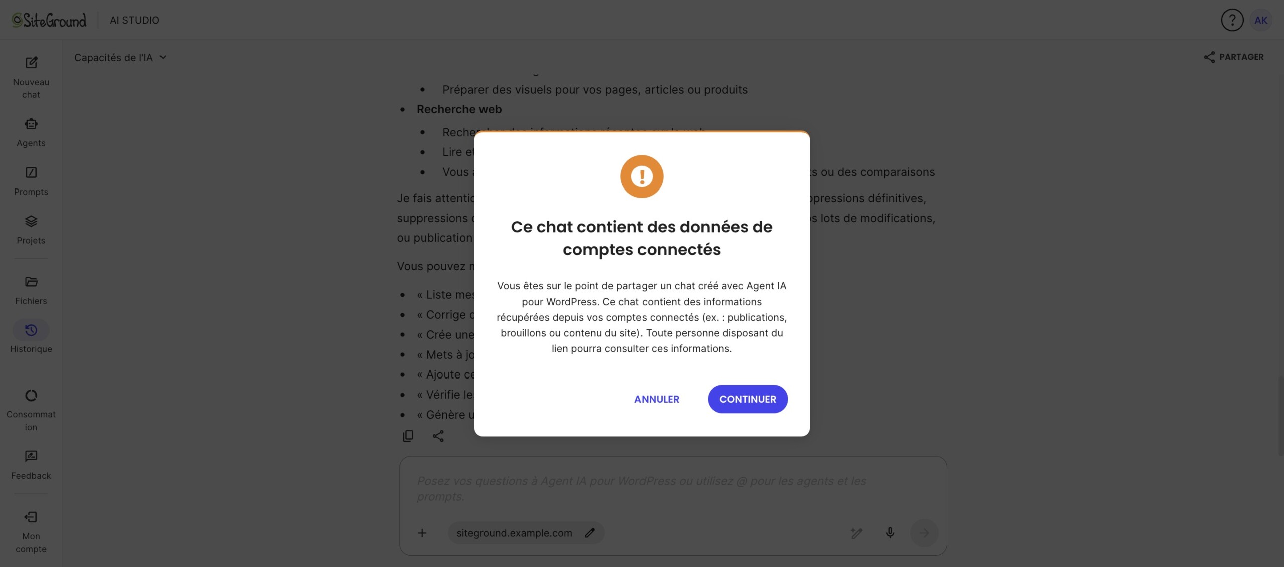 Avertissement d’AI Studio concernant les données des comptes connectés avant le partage d’un chat